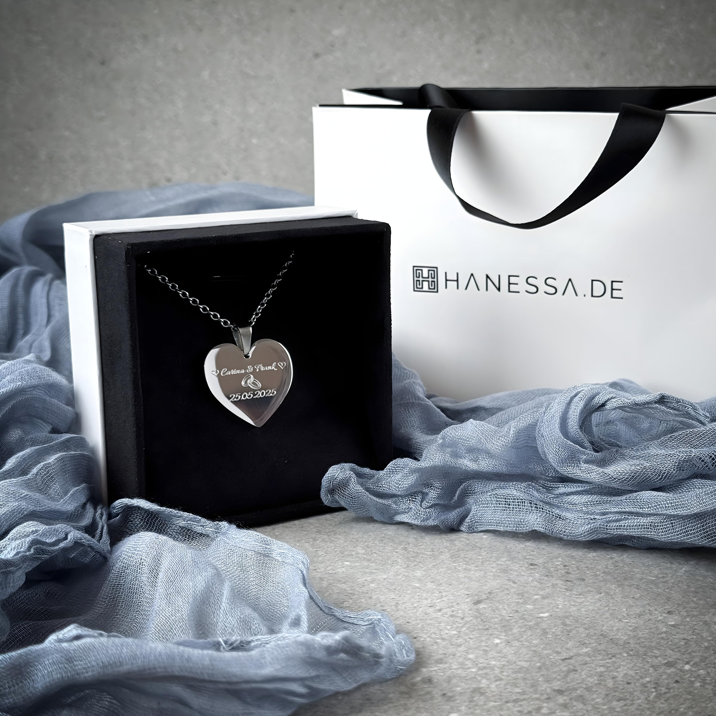 Personalisierte Kette mit Gravur Edelstahl 50 cm mit Anhänger Herz in silber - Personalisierte Halskette für Männer und Frauen - Personalisierter Schmuck Damen Herren