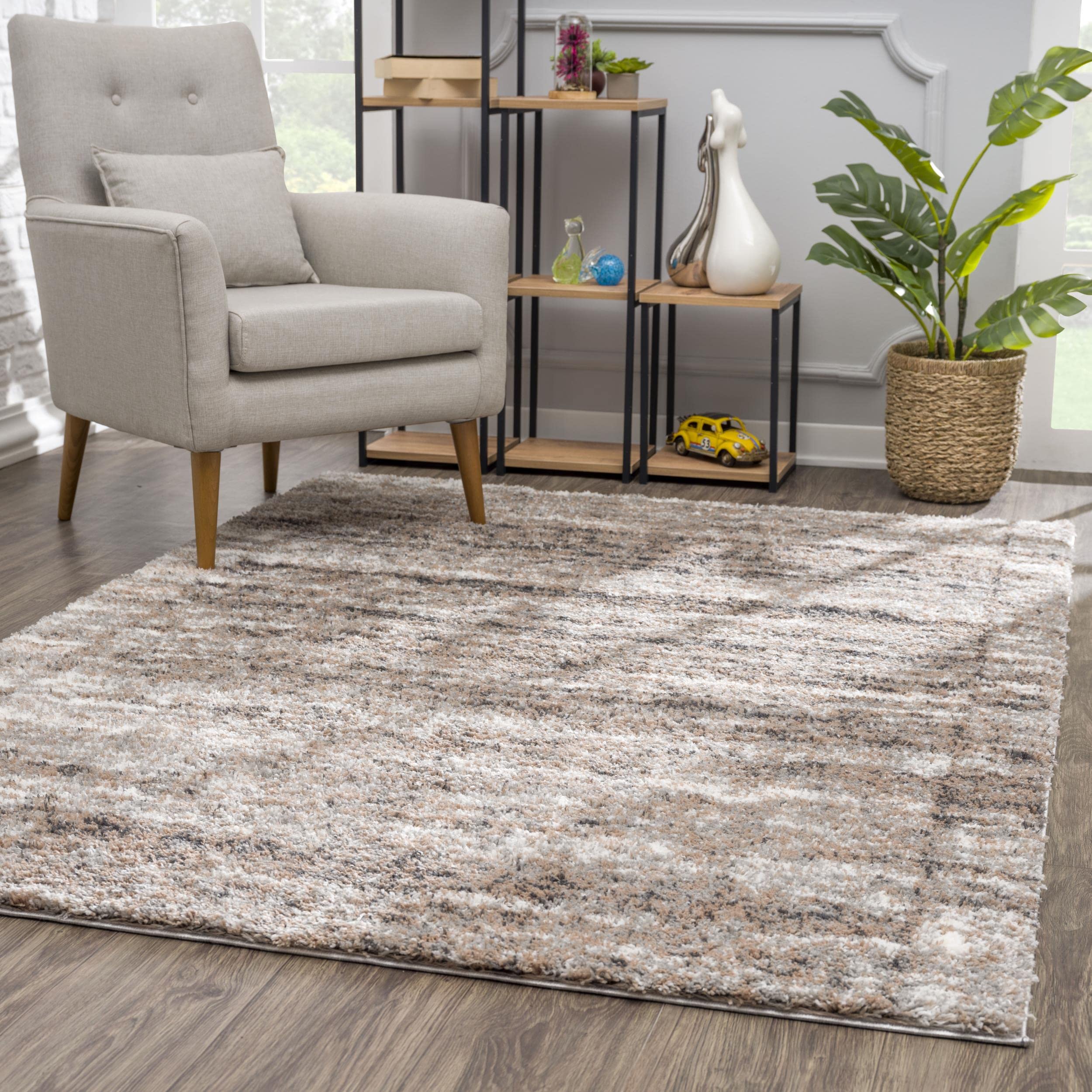 RUG BRANCH Retro 8' x 11' (7'9" X 10'9") Scandinavian Shag Indoor Area Rug, Contemporary, Beige Brown - Living Room, Bedroom, Dining Room, and Kitchen