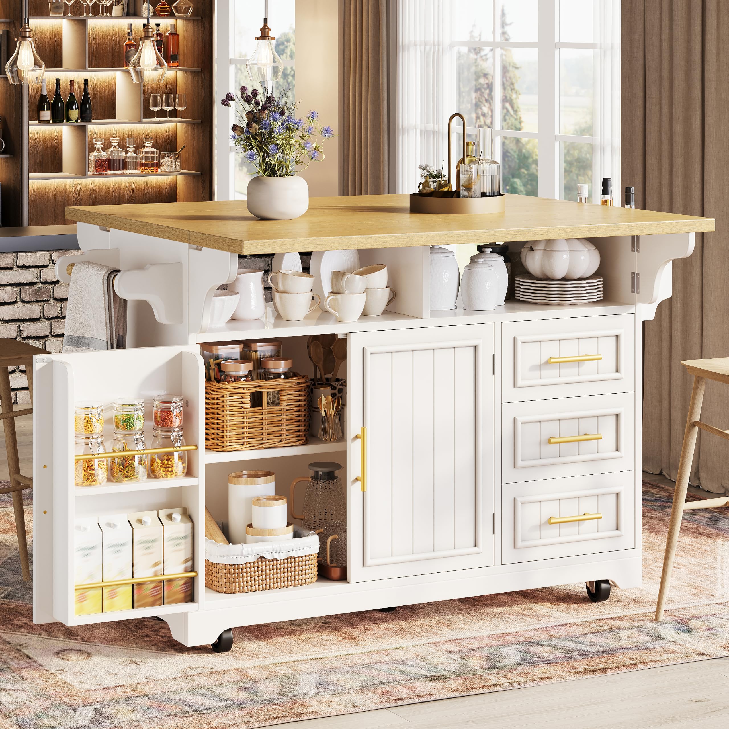MURUL Isola da cucina bianca 120-197 cm, credenza con estensione tavolo da pranzo pieghevole e ruote, mobile da cucina con motivo verticale e 3 cassetti per spazi aperti
