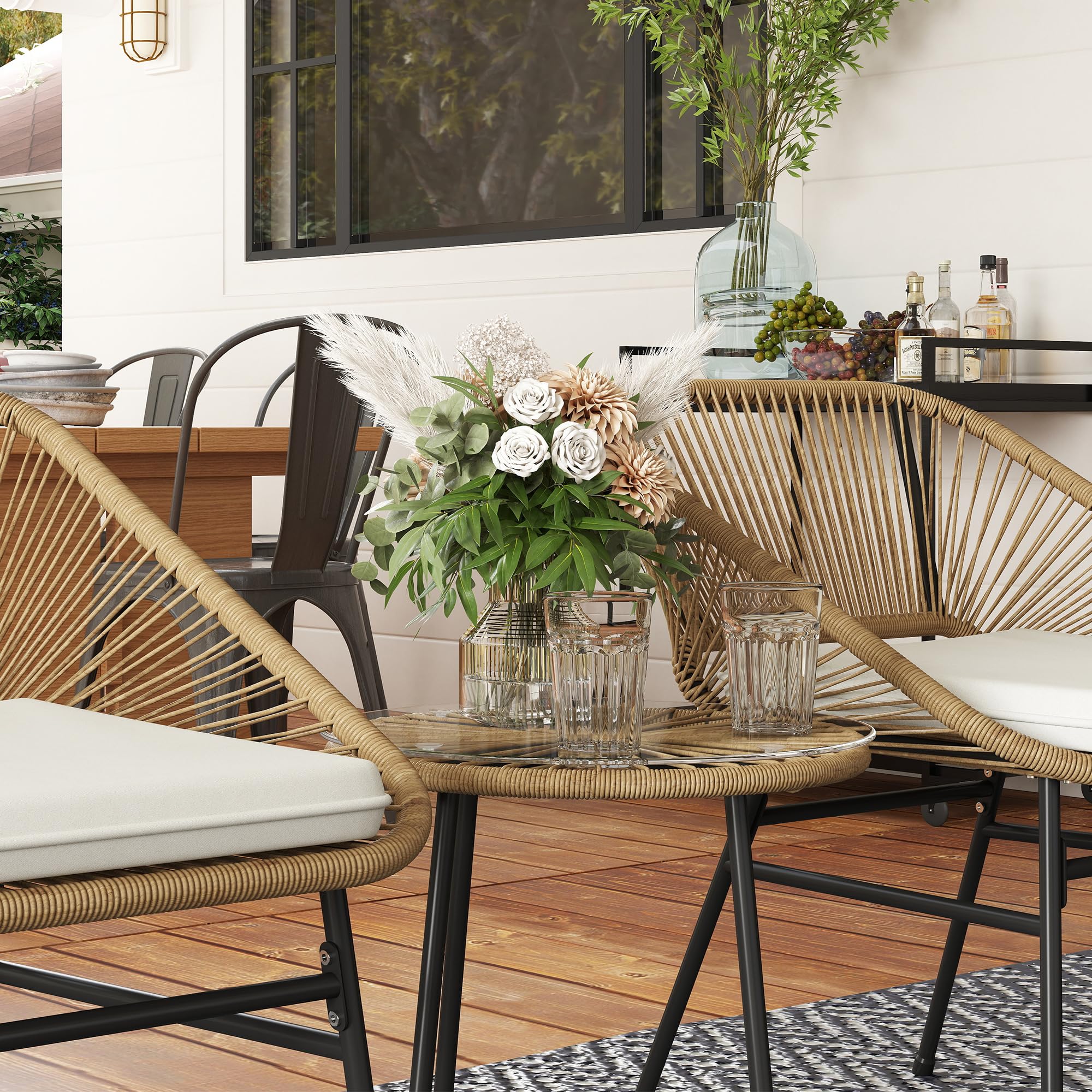 Outsunny Set da Giardino 3 Pezzi in Rattan PE e Acciaio, Set 2 Sedie con Cuscini e Tavolino da Caffè a Cilindro con Piano in Vetro, Set di Mobili da Balcone, per Patio e Cortile, Color Legno