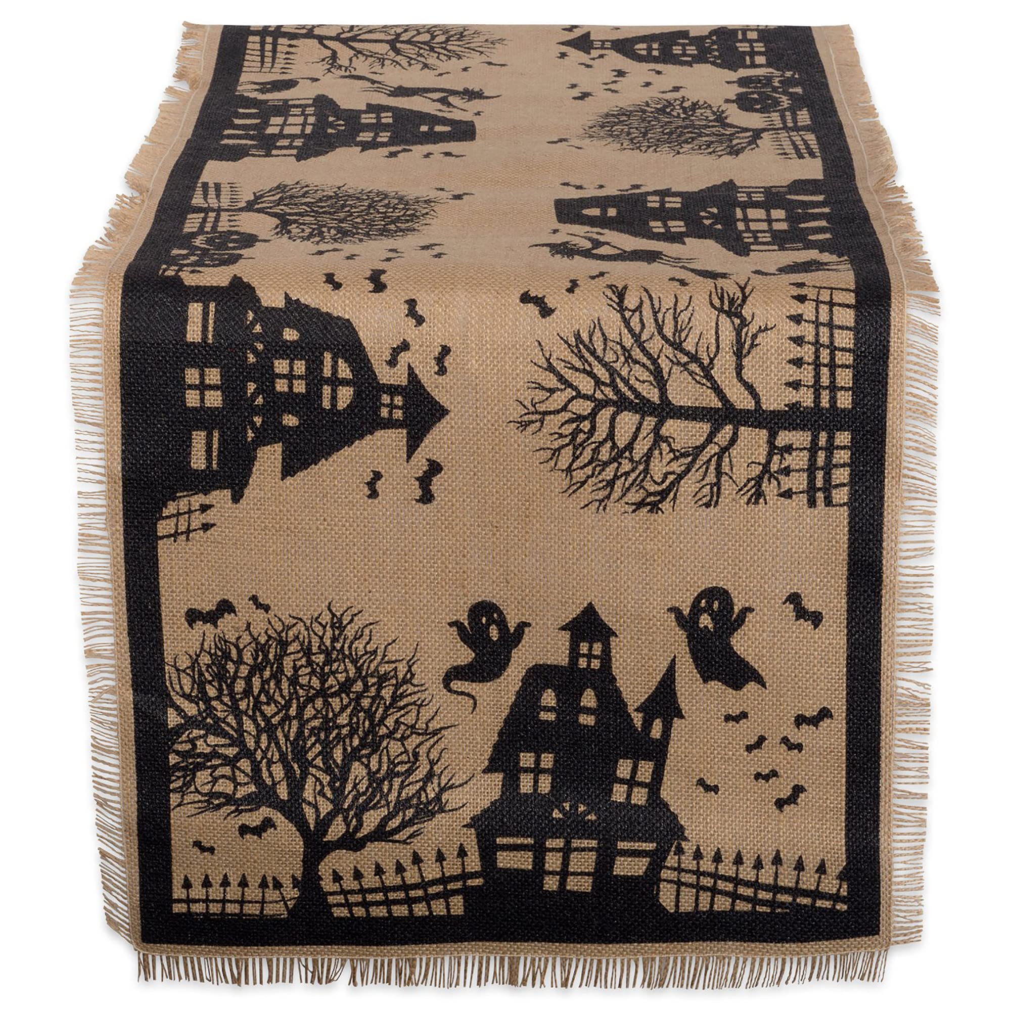 DII Halloween Jute/Burlap Tabletop Decoration Spooky Primitive Style, Table Runner, 14x113, Haunted House