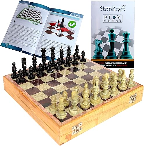 StonKraft - Tablero de ajedrez de 10" X 10" con base de madera y incrustaciones de piedra y juego de piezas de piedra
