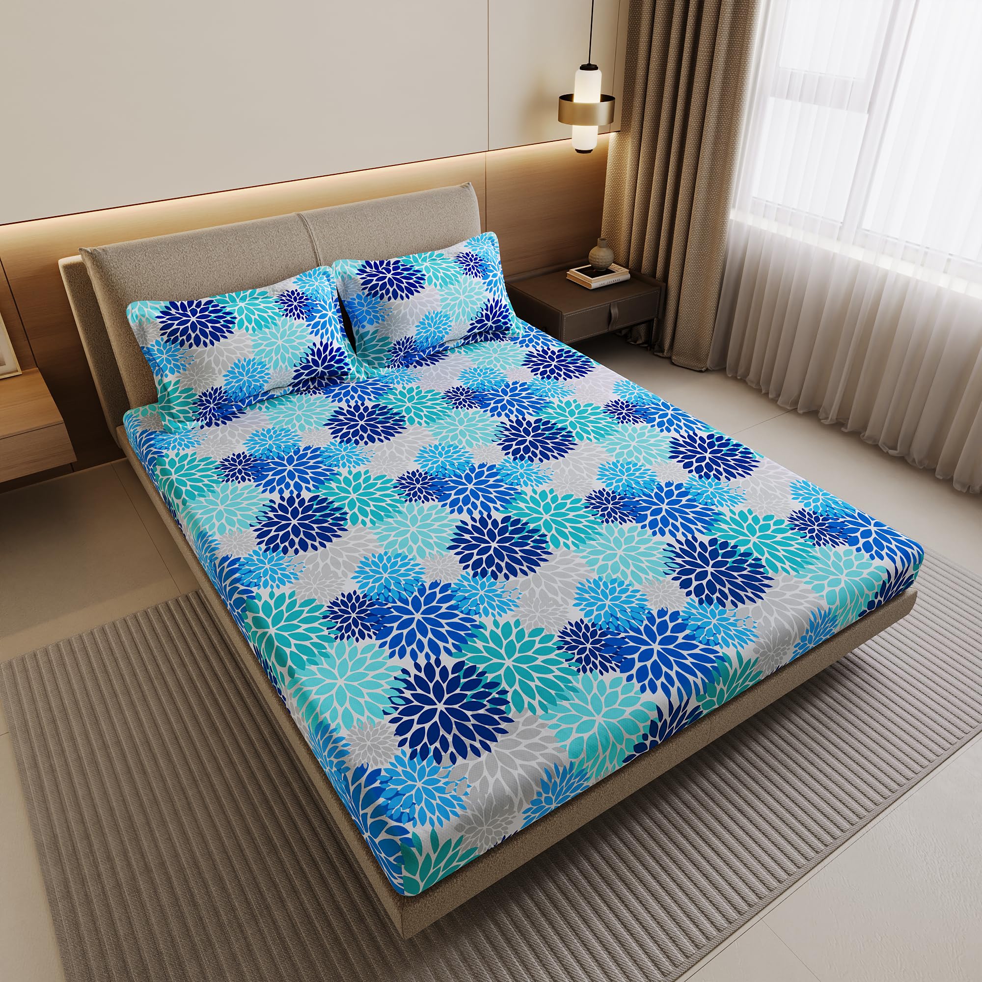 Divine Casa 144 TC 100% Cotton Double Bedsheet with 2 Pillow Covers | Soft Breathable Wrinkle Resistant Bedding Set | Modern Printed Bed Sheet for Bedroom | 222 x 254 cm (Blue Aqua, Floral)