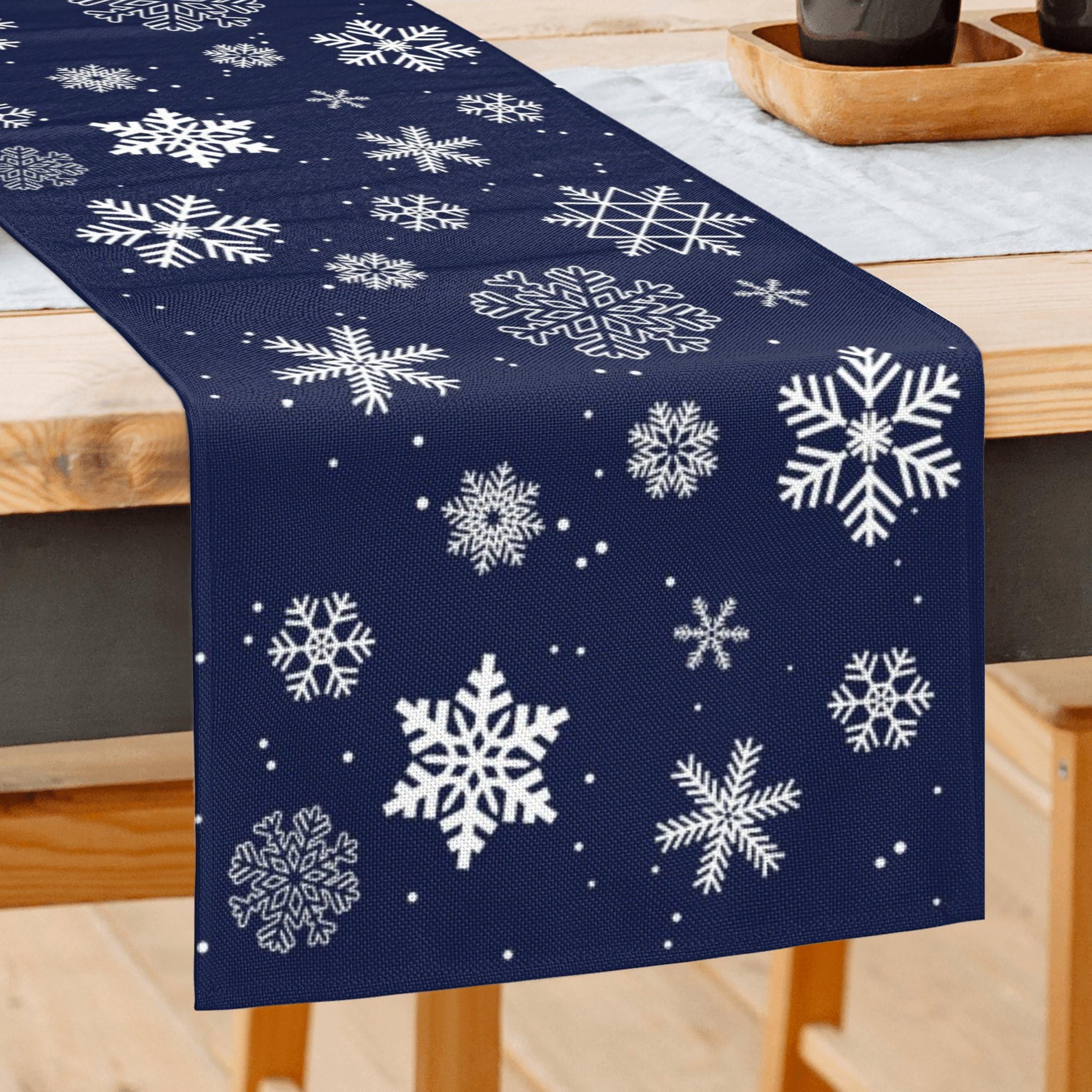 JOOCAR Navy Blue Snowflakes Winter Table Runner Christmas Table Runners Seasonal Holiday Kitchen Dining Table Decoration for Indoor Outdoor Home Party Decor 13x90 Inch