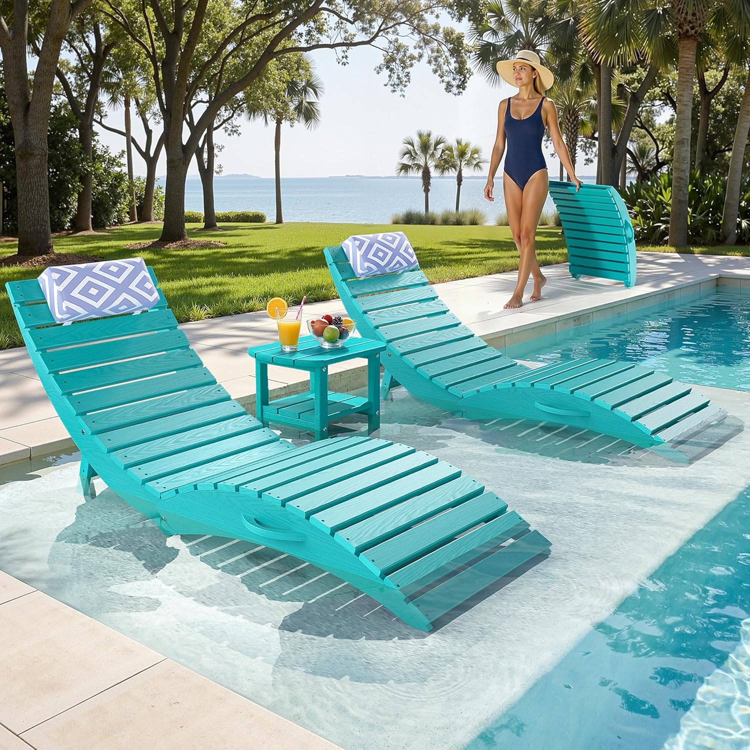 nalone Folding Pool Lounge Chairs Set of 2, HDPE Outdoor Pool Chaise Lounge with Pillow, Pre-Assembled Tanning Chairs with Wheels for Pool Beach Patio (2, Aruba)