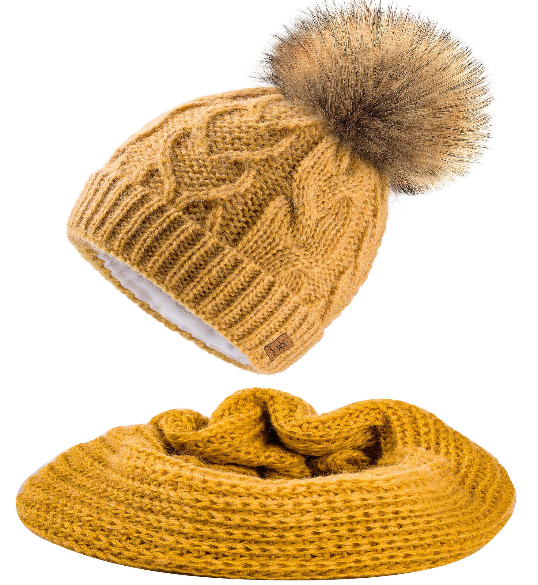 MFAZ Morefaz Ltd Set Scarf & Hat Women Mohair Wool Winter Beanie Hat Worm Knitted Neck Hats Fleece Pom Pom (Mustard Set Hat&Scarf)
