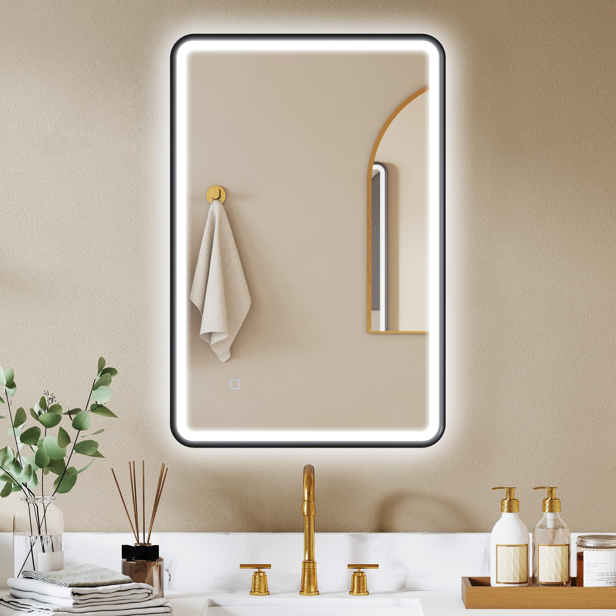 HOMCOM Espejo de baño con iluminación 90 x 60 cm, espejo LED de pared, antivaho, 3 colores luz, regulable, memoria, retroiluminado y frontal, control táctil, IP44, Horizontal/Vertical, Negro