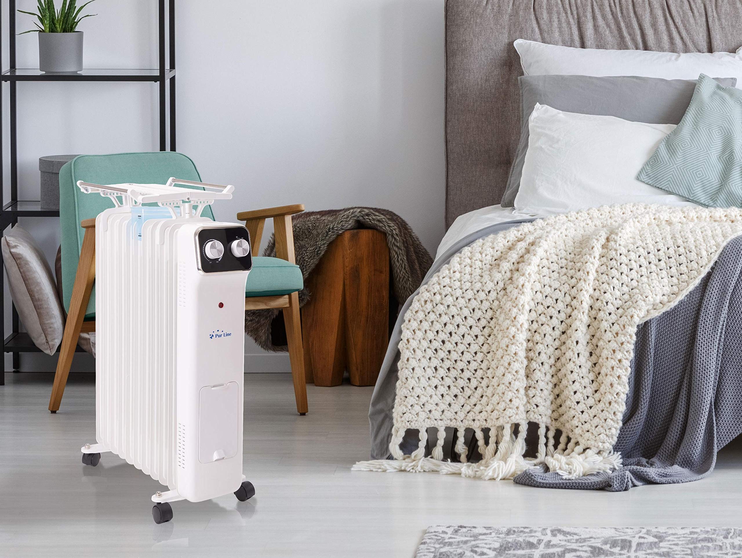 PURLINE | Radiador de Aceite 2500W, 11 Elementos, Termostato Ajustable, 3 Niveles de Potencia - Radiador de Aceite con Humidificador y Tendedero Integrados