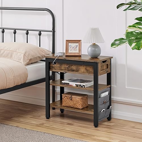 Miniatura 4 de Yaheetech Mesita de noche delgada con estación de carga, mesita de noche abatible con 1 cajón y 2 estantes y bolsa, armario de noche con marco de