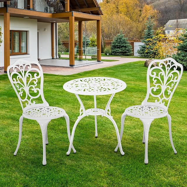 3 Ensemble de patio en aluminium moulé extérieur Patio Bistro Table et chaises 2,Tous les temps extérieur Bistro Sets avec 1.97" Parapluie pour l'ensemble de porches avant,Jardin(blanc)