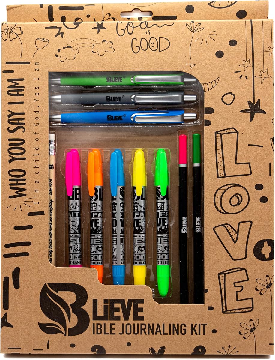 BLIEVE - Bible Journaling Kit With Gel Highlighters And Pens No Bleed, Scripture Markers and Pencils Supplies, Stencils Planner Set For Coloring Journal Art Illustrated By Faith Christian Gifts 24pcs