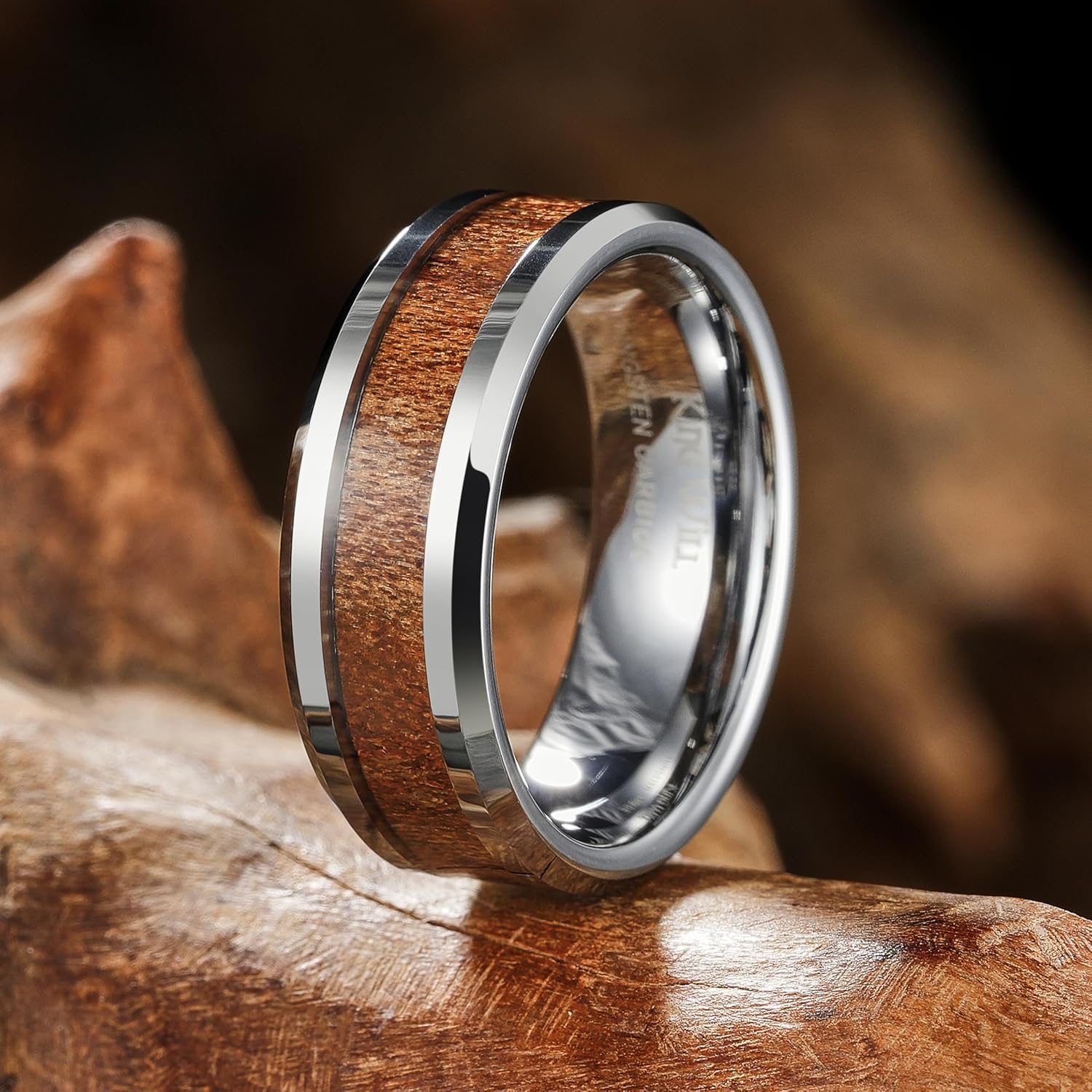King Will Nature Koa Wood Inlay Tungsten Carbide Wedding Ring 8mm Silver/Black/Gold/Green/Rose Gold/Blue Wedding Band for Men High Polished Anniversary Rings Comfort Fit Size 6-15