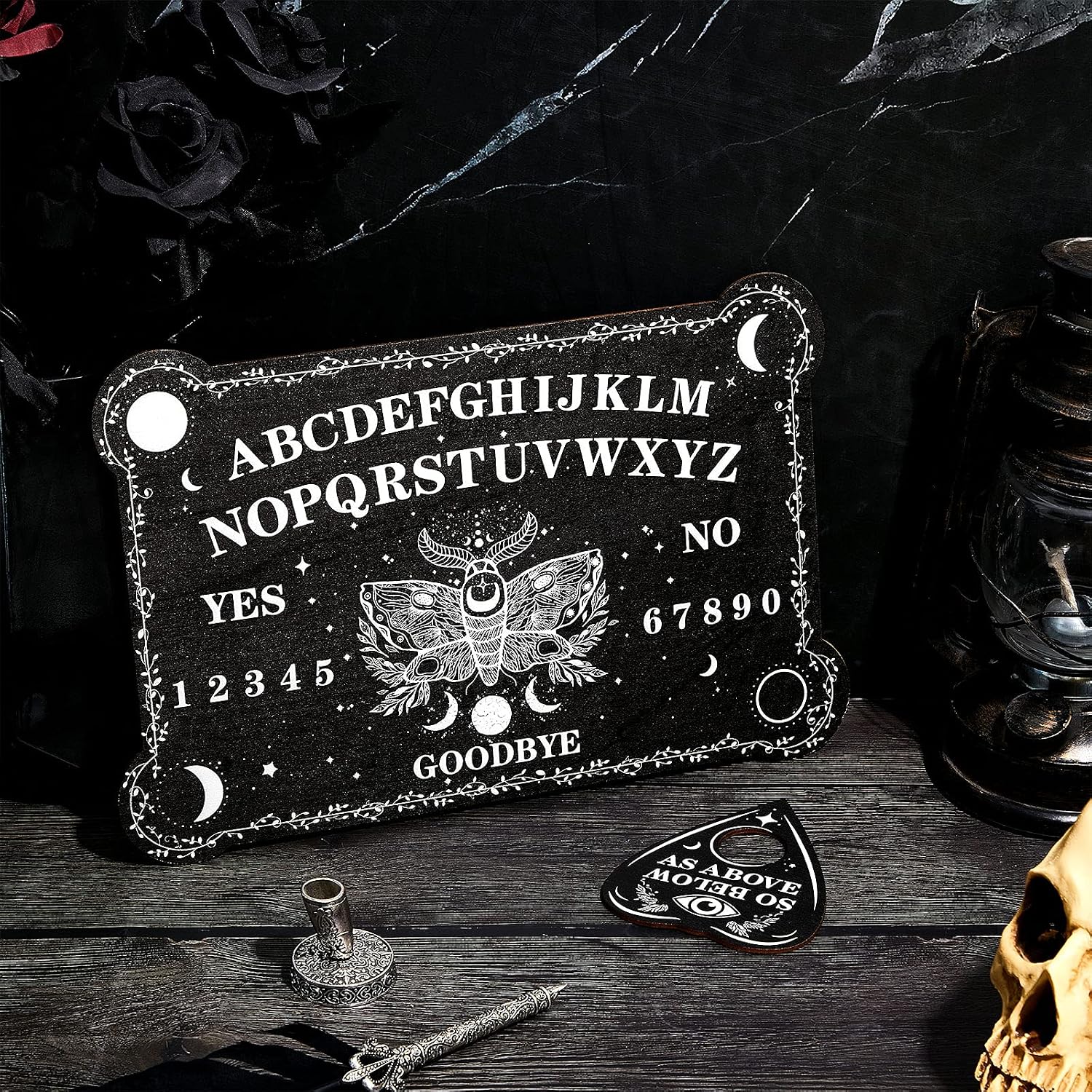 Pendulum Dowsing Divination Board Set Black Wooden Talking Board with Planchette Accessories for Teens Adults Birthday Party and Family Gatherings Games Supplies (Moth Style)