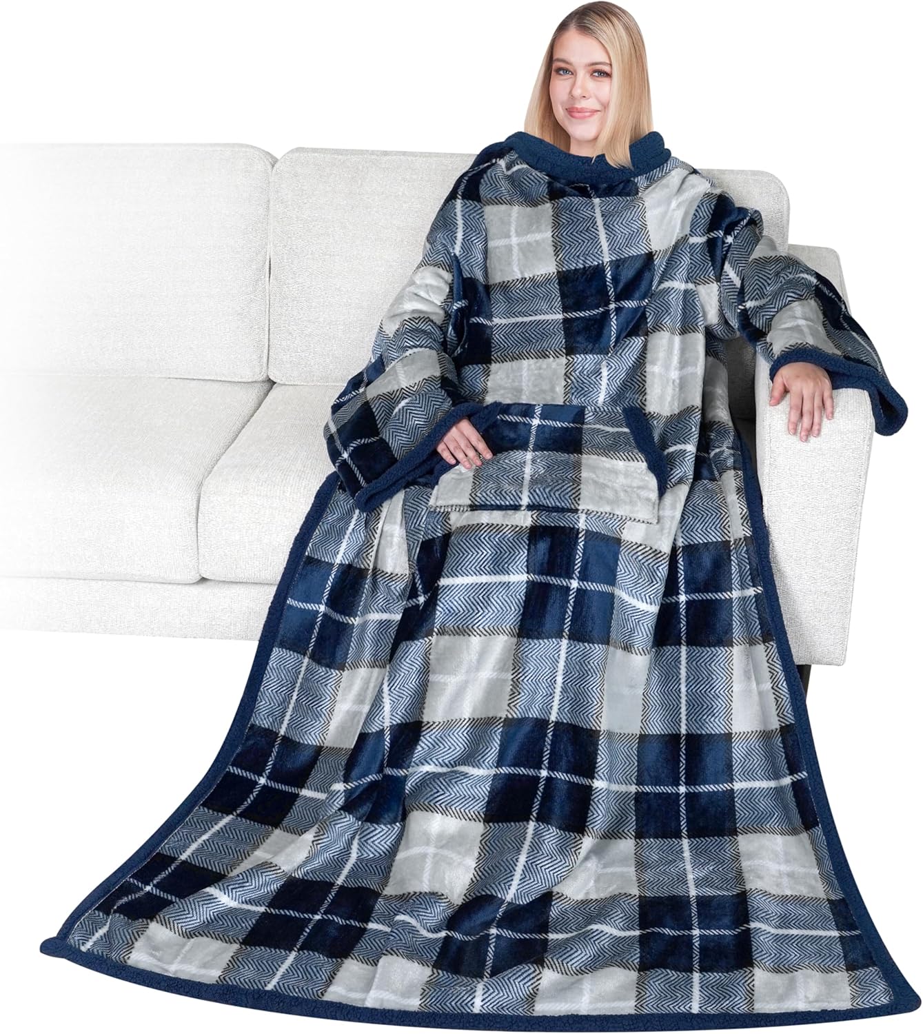 PAVILIA Sherpa Wearable Blanket with Sleeves and Pocket, Plush Thick Cozy Body Blanket Wrap for Adult Women Men, Christmas Gift for Wife Mom, Plaid Navy Blue