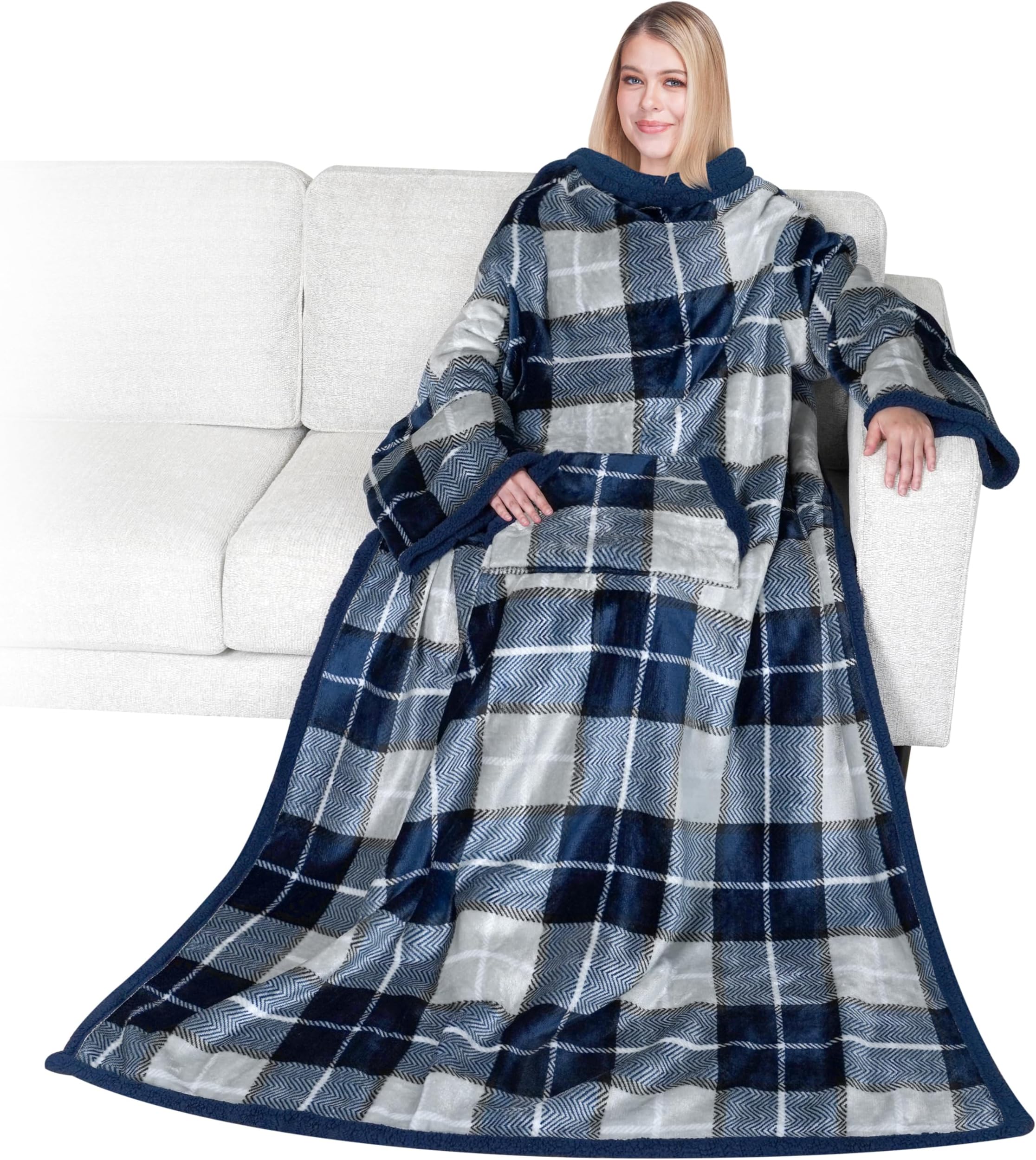 Sherpa Wearable Blanket with Sleeves and Pocket, Plush Thick Cozy Body Blanket Wrap for Adult Women Men, Christmas Gift for Wife Mom, Plaid Navy Blue