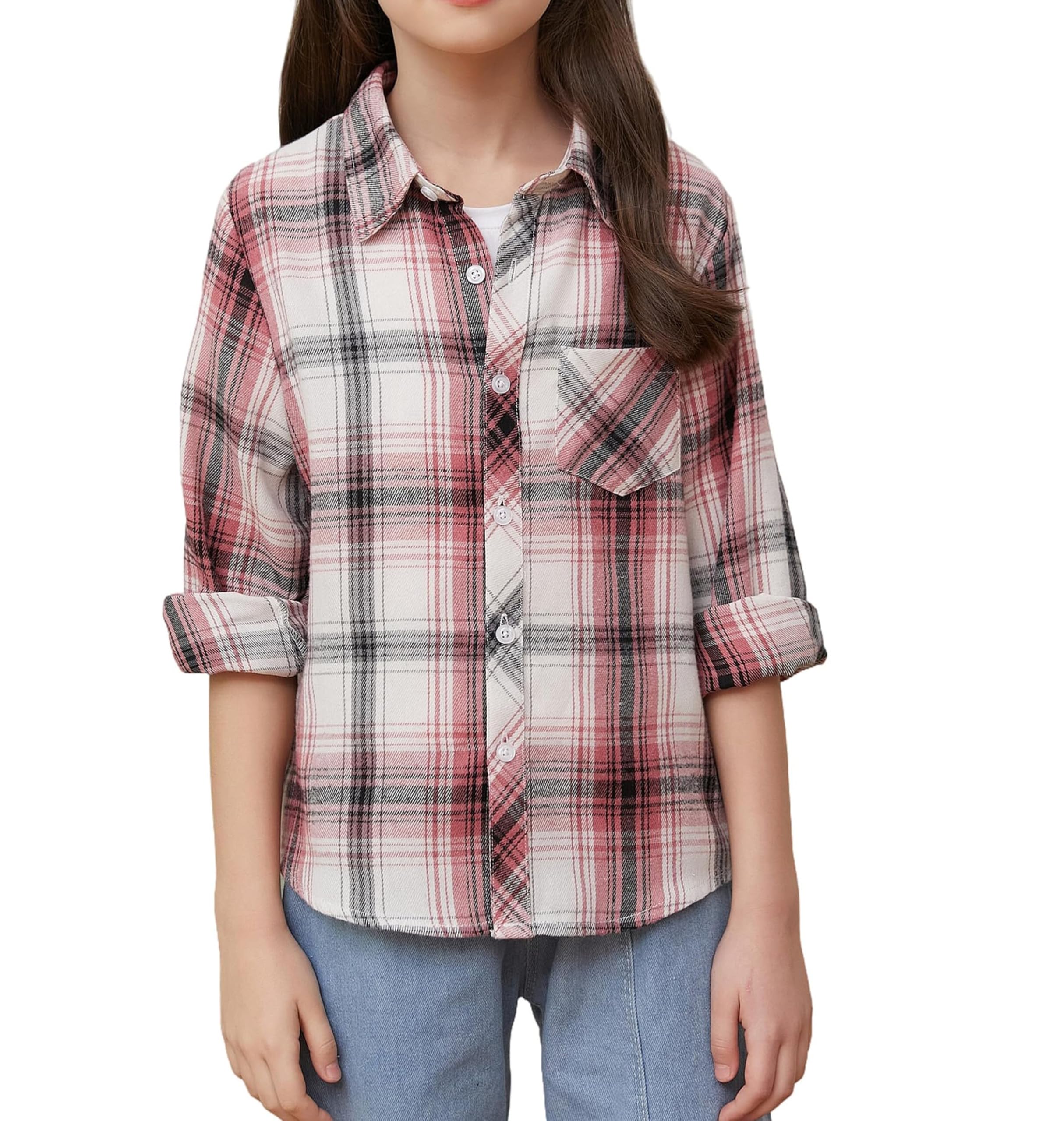 SANGTREE Womens and Girls Long Sleeve Flannel Shirt Plaid Button Down Shirt
