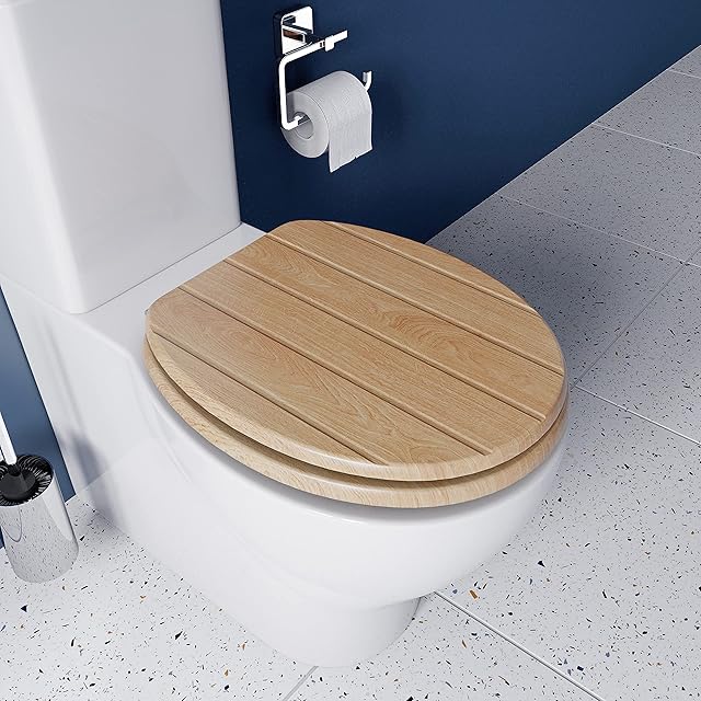 Croydex WL602176H Flexi-Fix Geneva Always Fits Never Slips Anti Bacterial Toilet Seat, Wood, Light Oak Effect Tongue & Groove, 48.5 x 47 x 6.5 cm