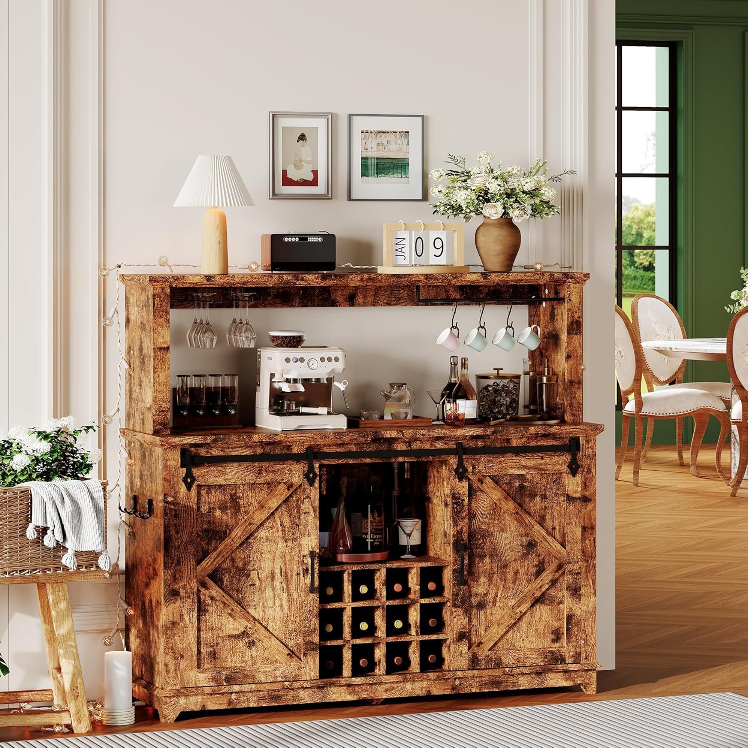 IDEALHOUSE 55" Farmhouse Coffee Bar Cabinet with Power Outlet & LED Light - Sliding Barn Door Buffet with Removable Wine Rack, 2-Tier Drawers, for Kitchen, Dining & Living Room, Brown