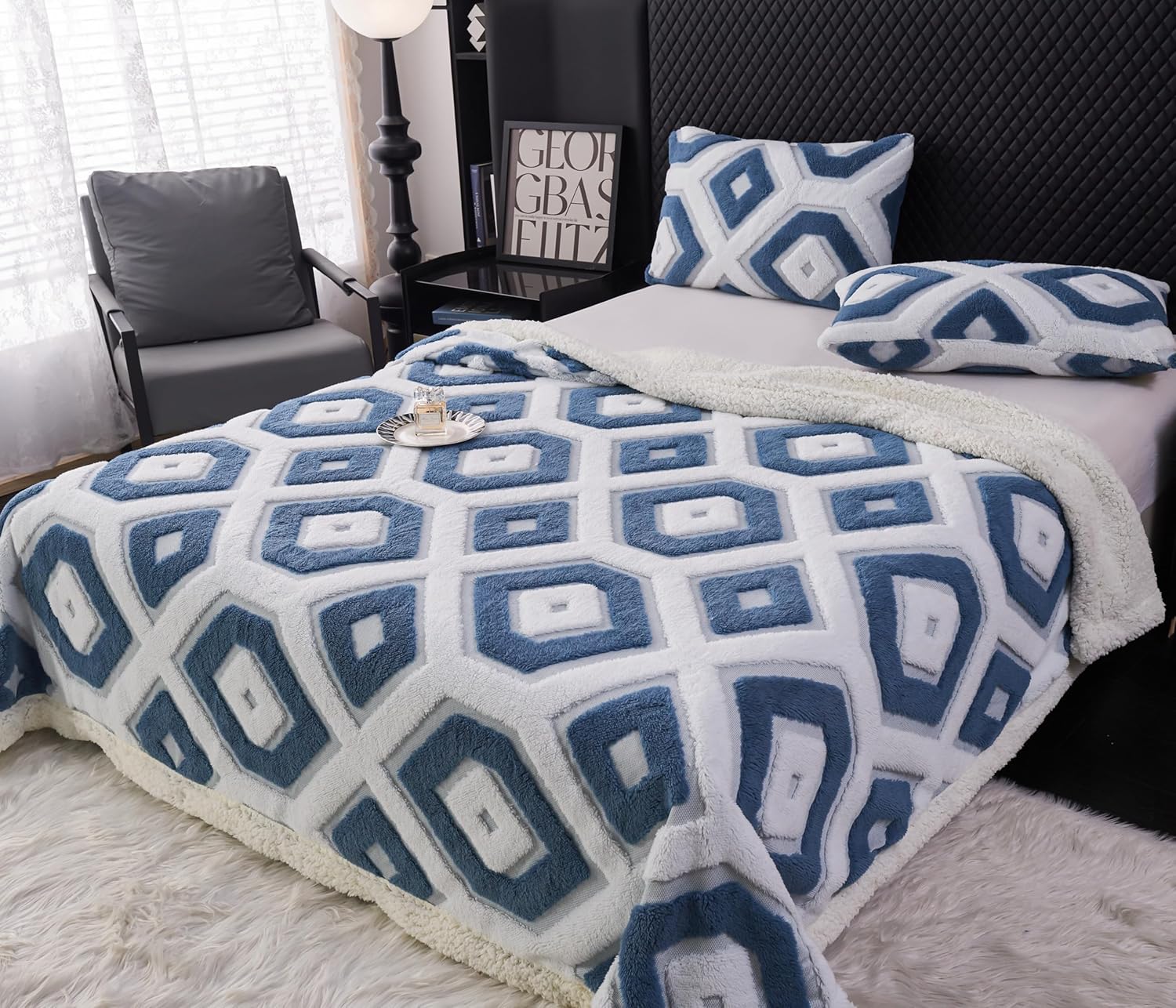 LEVINIS Boho Sherpa Throw Blanket 60'' × 80'', Sherpa Fleece Blankets for All Season, Southwestern Aztec Native American Cozy Blanket for Bed/Couch/Sofa/Office/Camping, Blue - Image 2