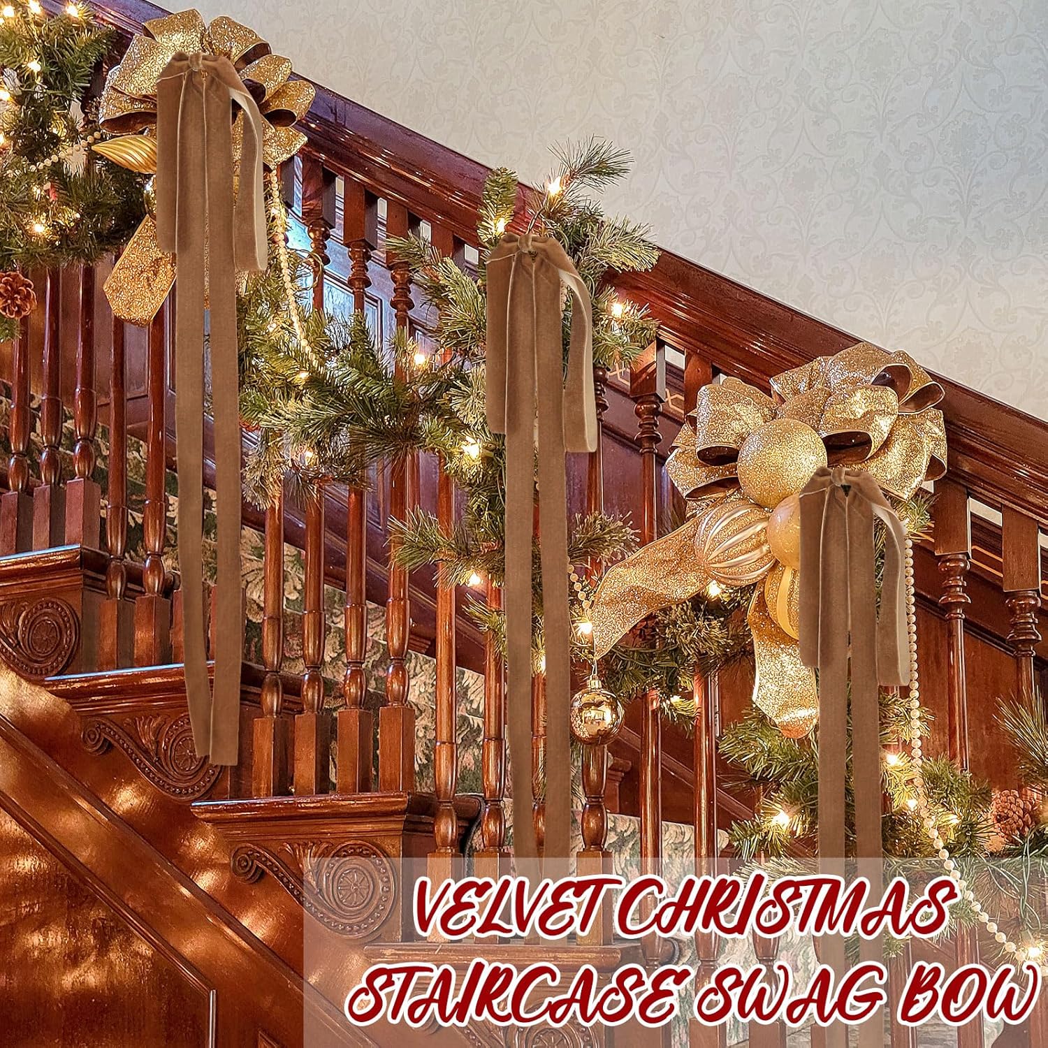 Janinka 12 Pcs Brown Velvet Ribbon Bows Christmas Tree Decorations 23.5x15.5 Inch Rustic Neutral Large Velvet Vintage Christmas Swag Ornaments Staircase Wreath Bows Tree Topper Bow