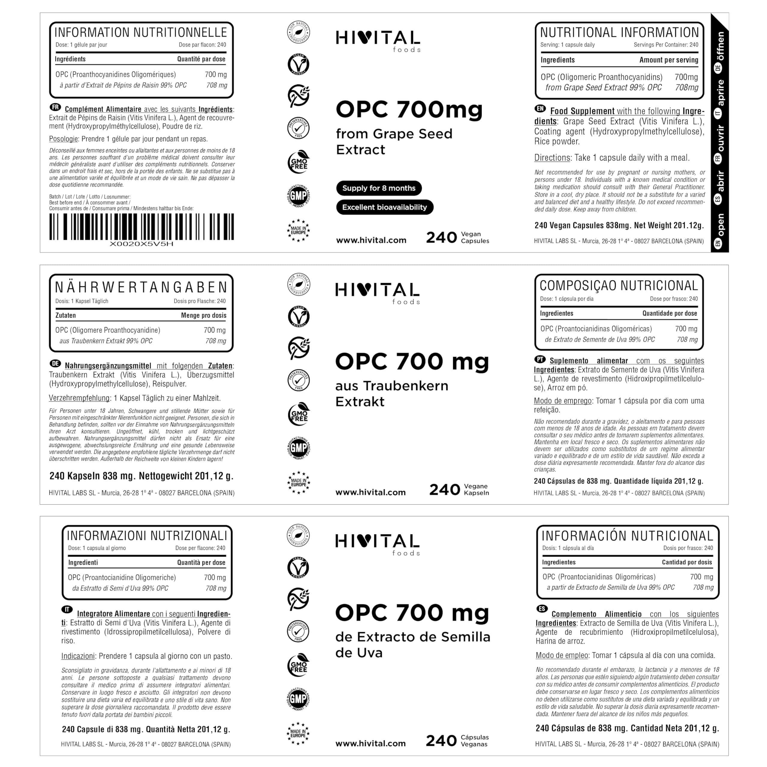OPC Extrait de Pépins de RAISIN 700 mg. 240 gélules vegan pour 8 mois de traitement. 99% Extrait de Pépins de Raisin en OPC. Fabriqué en Europe par HIVITAL