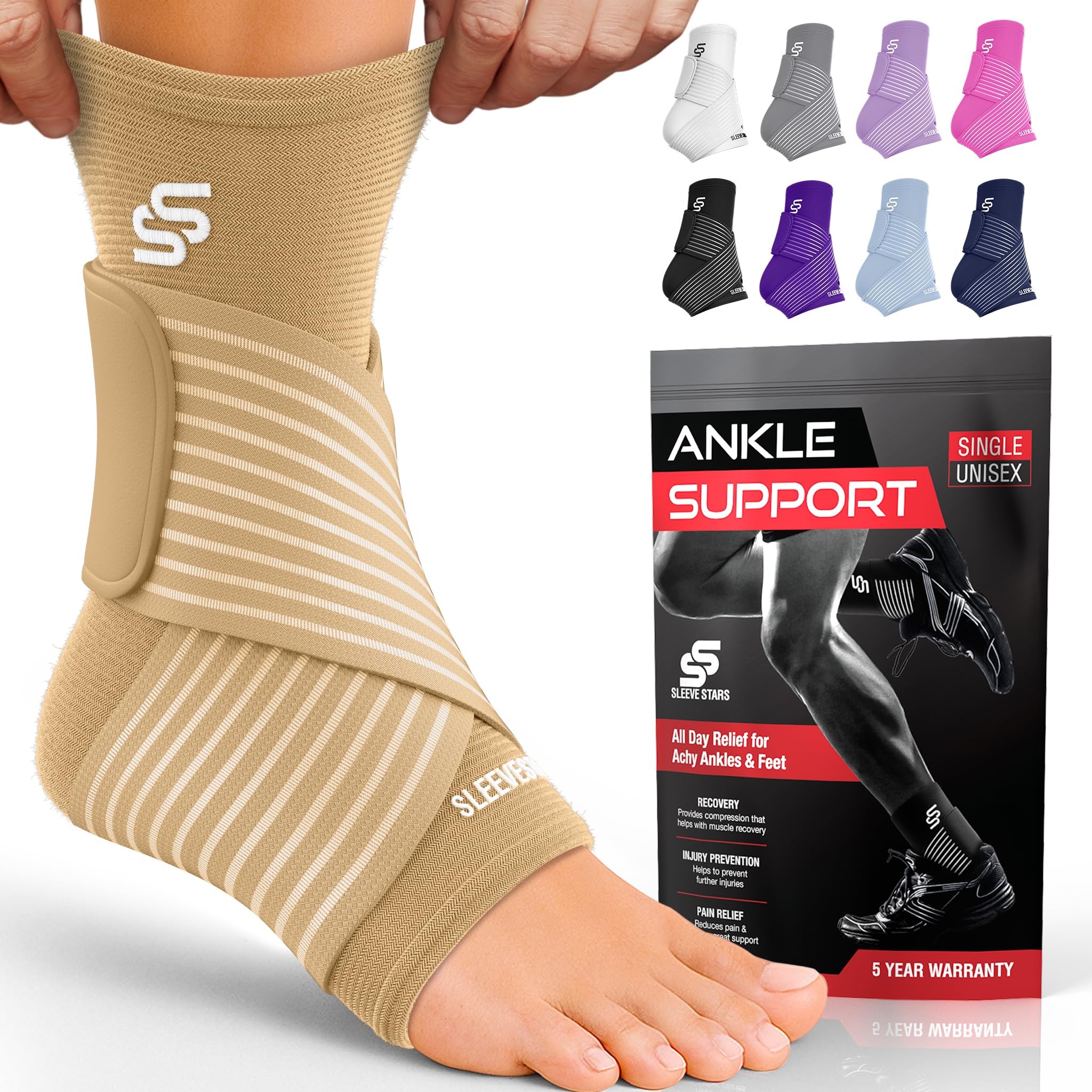 Sleeve Stars Ankle Brace for Women & Men, Ankle Wrap for Sprain, Compression Sleeve for Plantar Fasciitis Relief, Easy Customizable Support: w/ Removable Strap (Single/Beige)