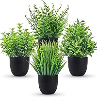 DerRose 4 Pack Small Fake Plants Artificial Faux Greenery Black Pots - Realistic No Maintenance Bathroom Office Desk Shelf Decor Indoor Outdoor