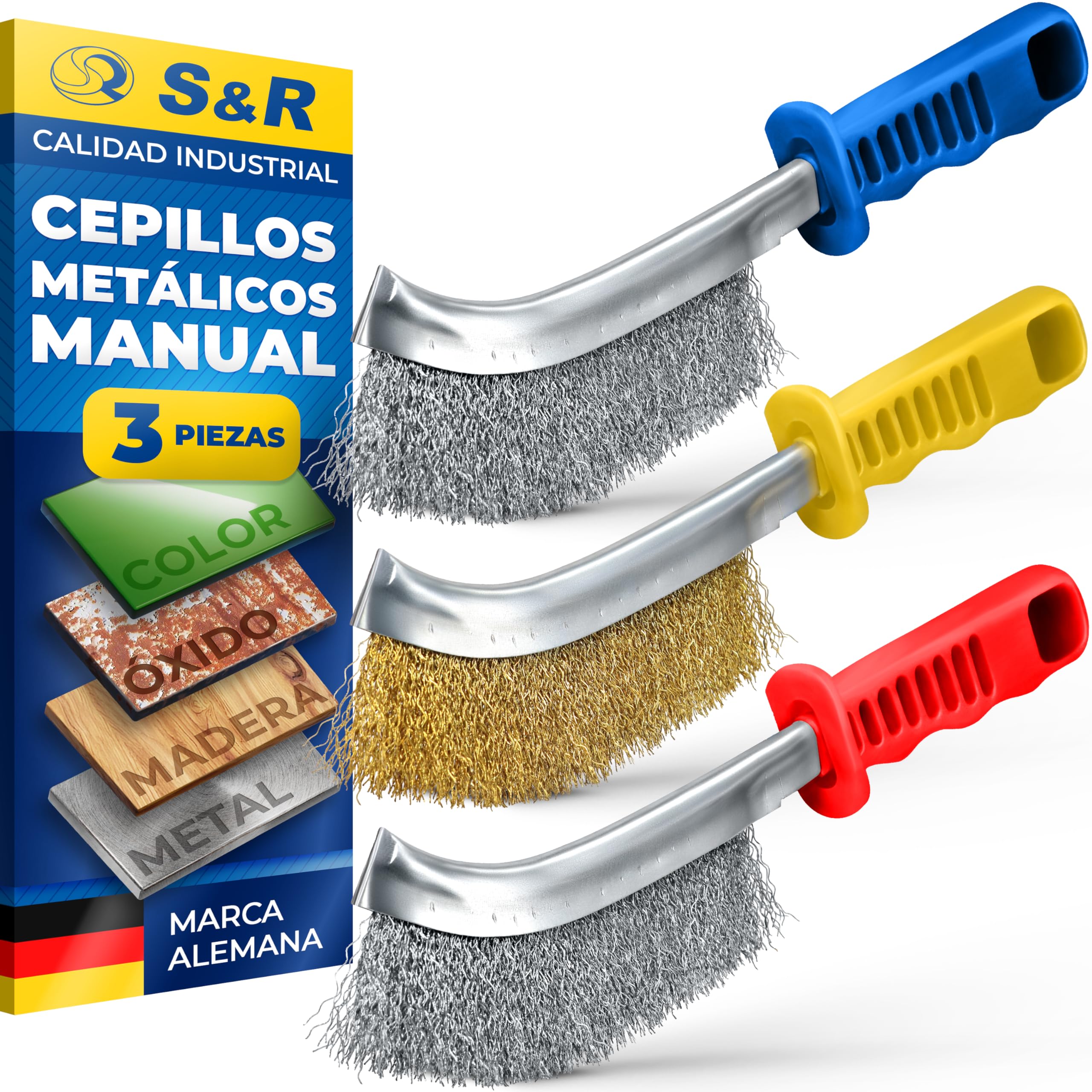 S&R Juego de Cepillos Alambre Metálicos de 3 piezas - 1 cepillo de Acero Inox - 1 cepillo de Latón