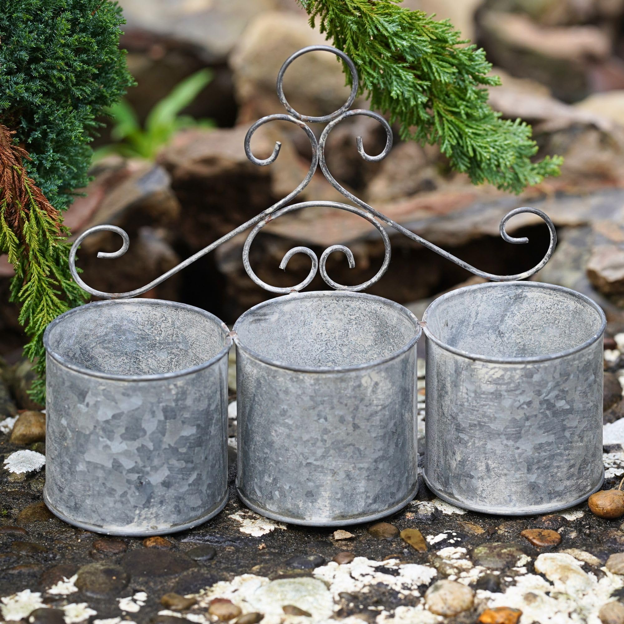 Trio of Zinc Planters Hanging Metal Flower Pot Galvanised Metal Garden Ornament Decoration Indoor Home Trough Metal Pots