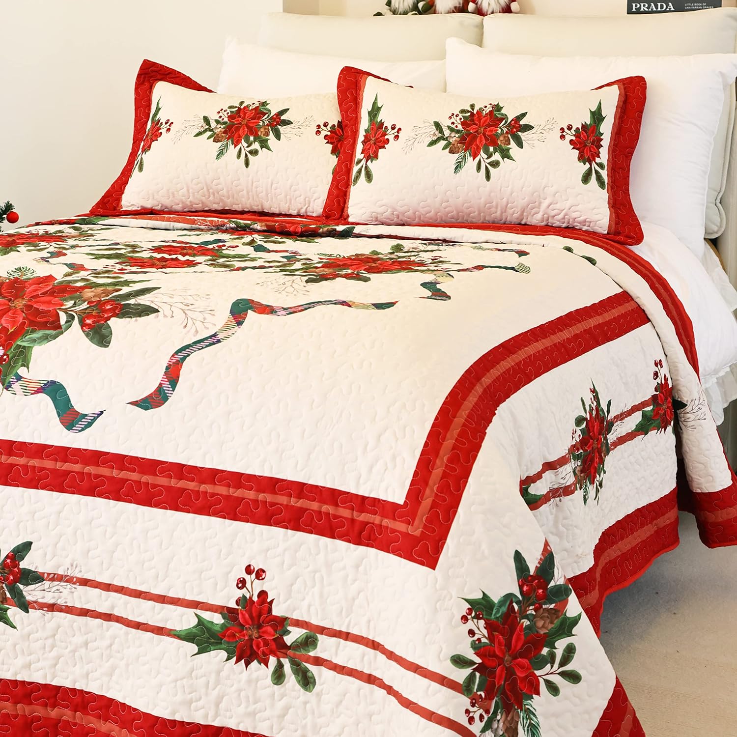 3 Piece Christmas Bedding Set King Size, Christmas Floral