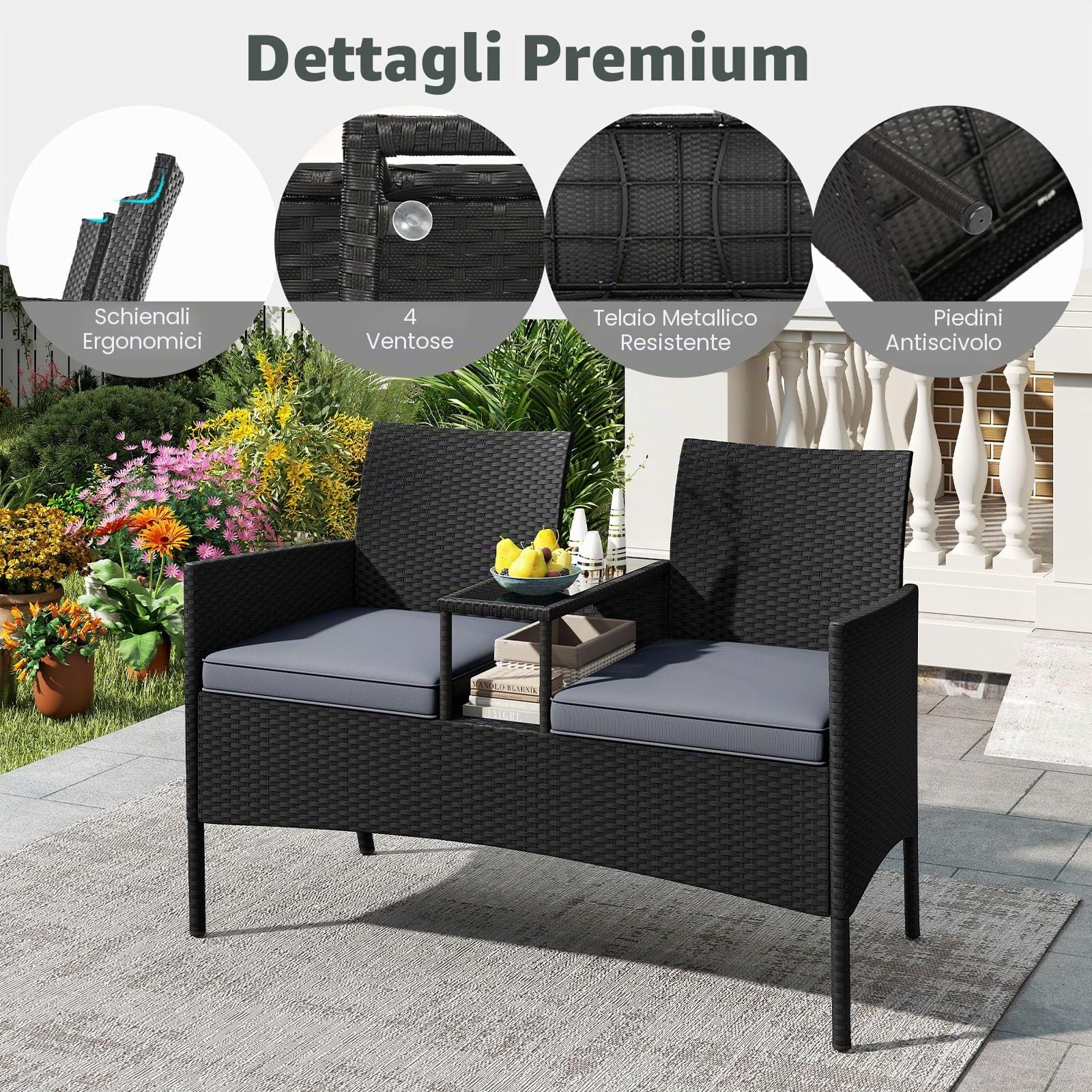 LIFEZEAL Tavolo e poltrona da giardino per 2 persone, panca a 2 posti con cuscino, panca per balcone e terrazza (grigio)