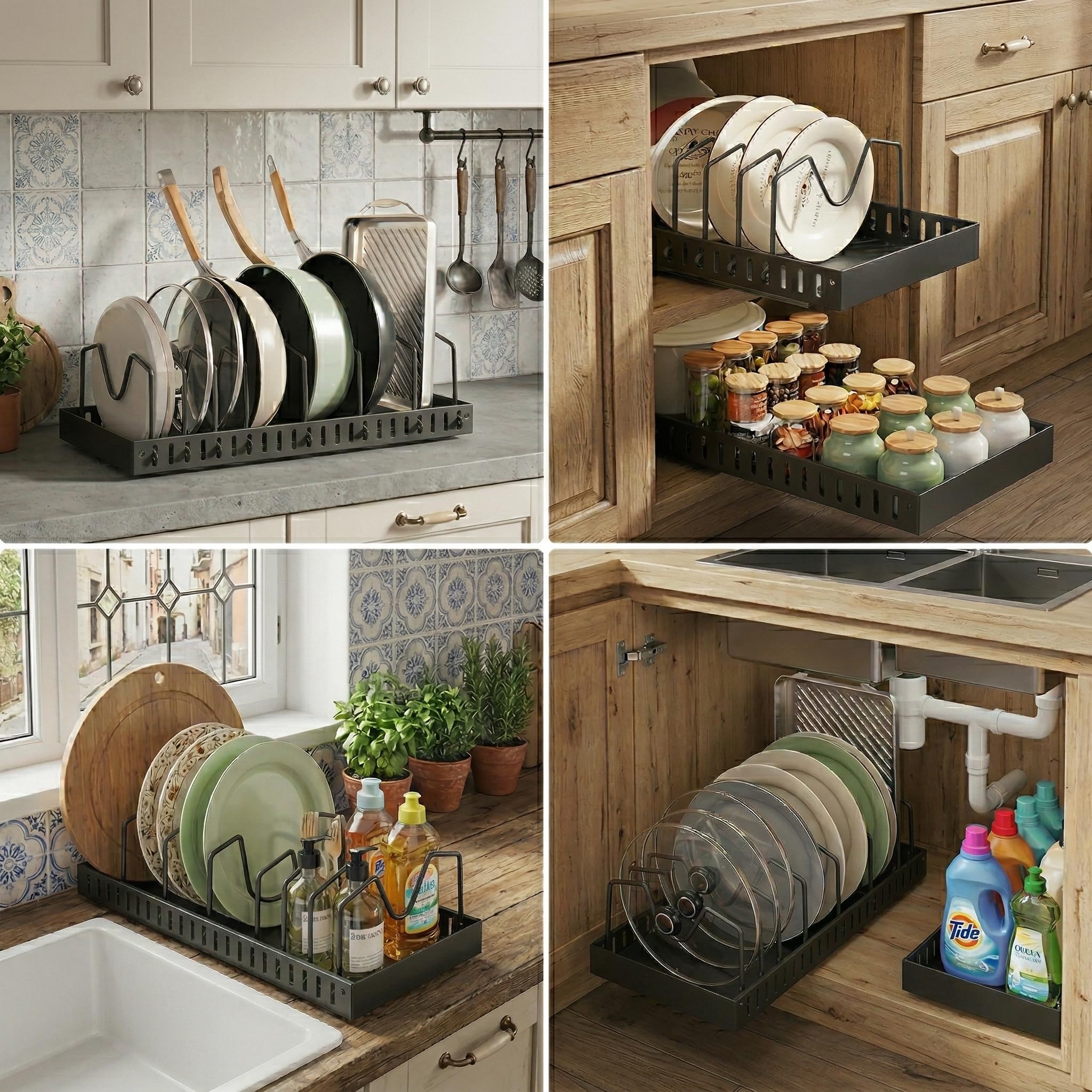 2 Piezas Organizador Cocina Ollas y Sartenes, Deslizante Organizador Tapas Ollas con 8 Compartimentos Ajustable，Organizador Sartenes y Ollas Cajon，Soporte Sartenes，Negro