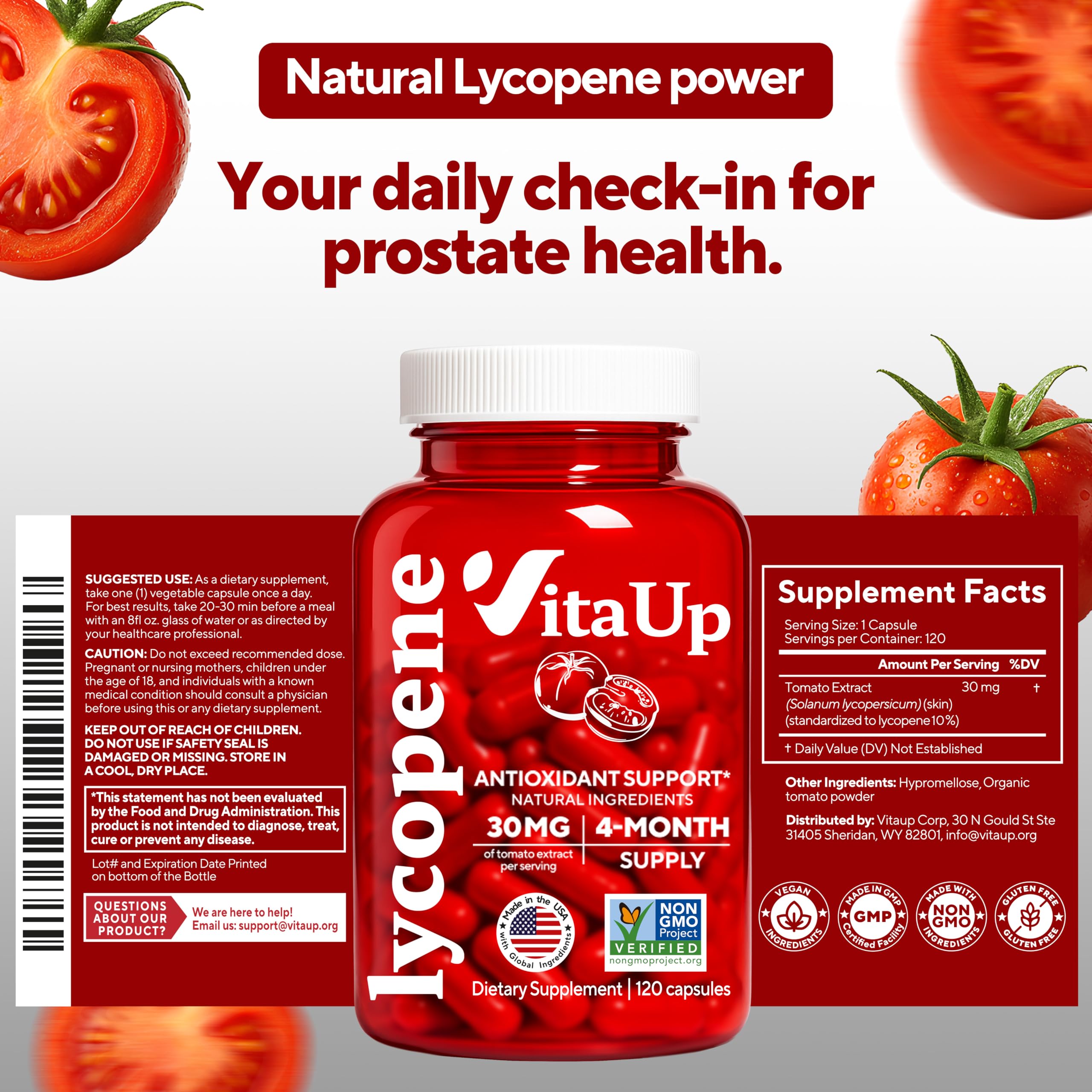 VitaUp Lycopene Supplements for Men – USA Made 30 mg of Tomato Extract – Prostate Supplements for Men – Non-GMO Lycopene Supplement for Normal Prostate, Skin & Antioxidant Support – 120 Count — Amazon image 9