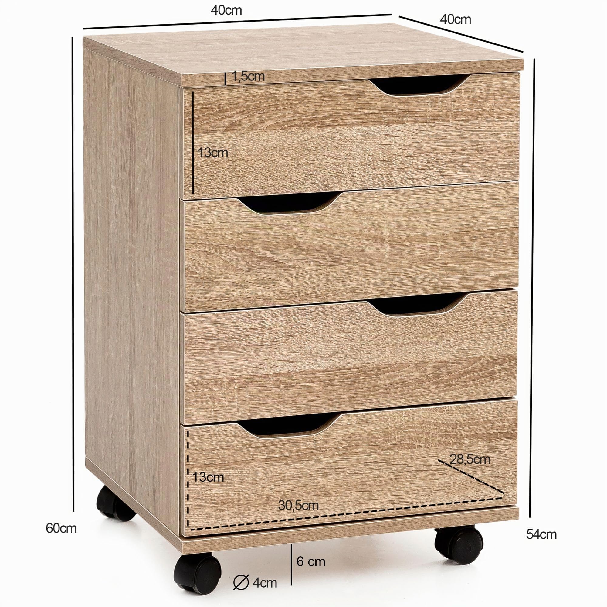 FineBuy Cassettiera con Ruote 40x40x60 cm Legno con 4 Cassetti | cassettiera da scrivania con ruote, cassettiera entra sotto la scrivania, cassettiera da ufficio moderna