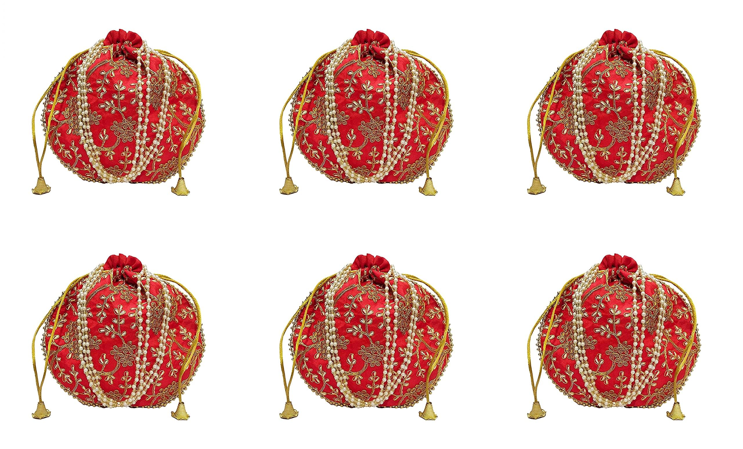 JDDCART Set of 6 Red Embroidered Potli Bags with Drawstring Closure for Women Wedding Return Gifting-image-19