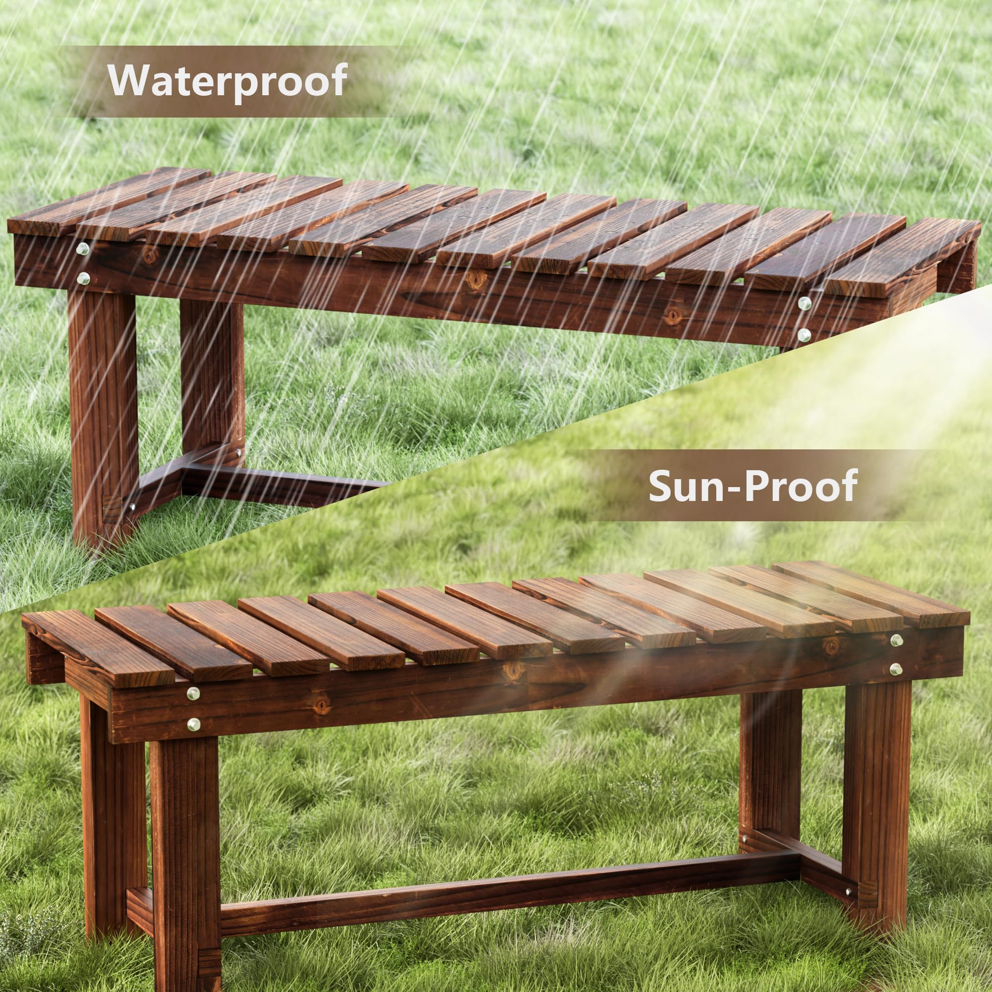 Banco de jardín al aire libre, banco de patio resistente a la intemperie, asiento para 2 personas, banco de porche de madera sin espalda, banco multifuncional para todo tipo de clima, para jardín 3