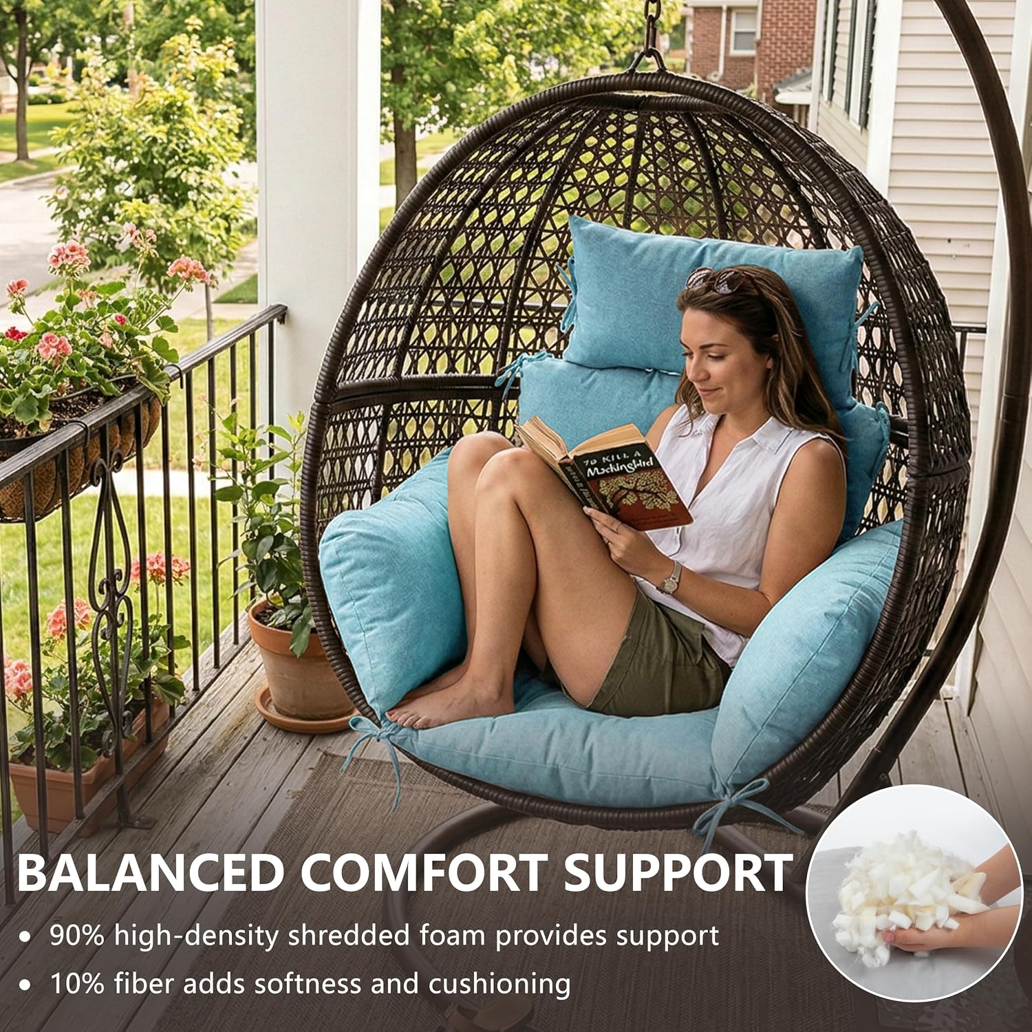 Egg Chair Cushion with 8 Securing Straps, Water-Repellent & Fade-Resistant Faux Linen, Removable Cover, Replacement Cushion for Most Single Outdoor Hanging Swing Egg Chairs – Teal
