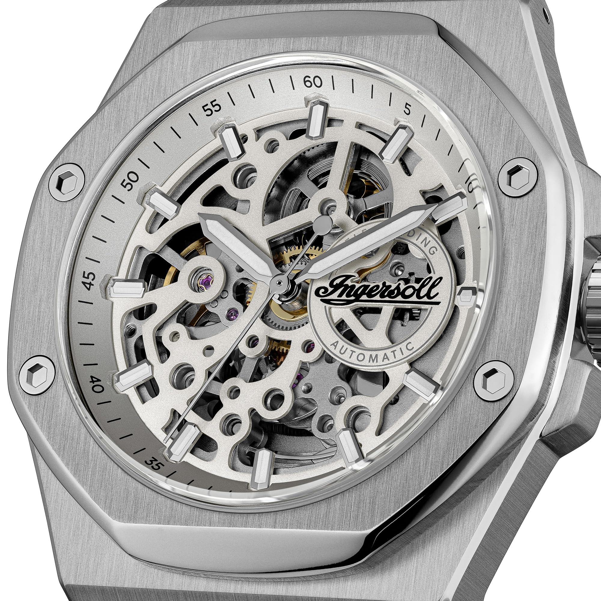 Ingersoll The Faller I17601 męski automatyczny zegarek 43,5 mm z szarą tarczą i srebrną bransoletą ze stali nierdzewnej