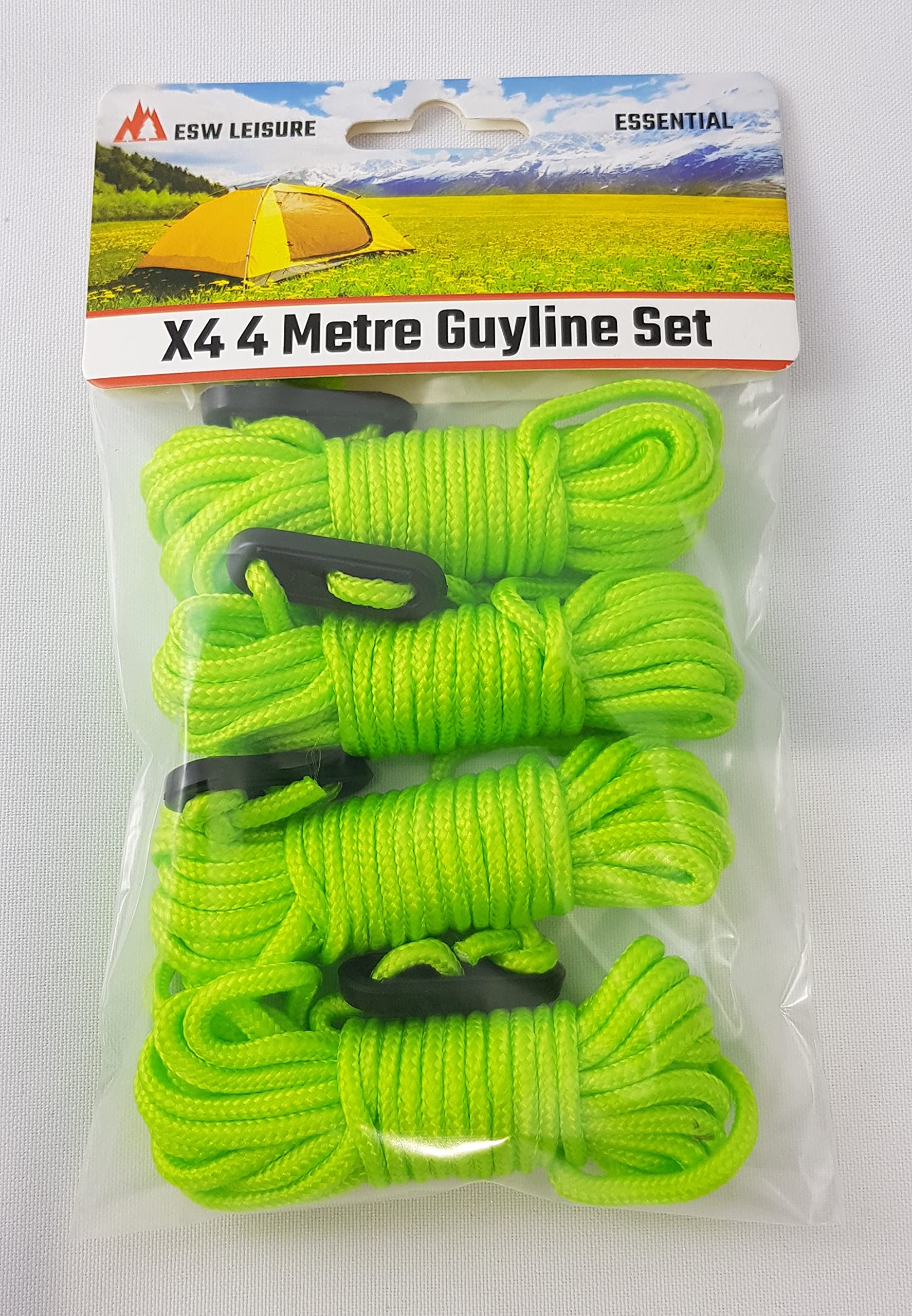 Esw Leisure Fluorescent Green 4 Guyline Ropes 4 Pack For Tents Awning Camping Strong Lightweight Paracord Guy Rope With Tensioner Guy Lines Fishing Umbrella Shelter Caravan Gazebo (Flourescent Green, 4 Metre Xl 4 Pack)