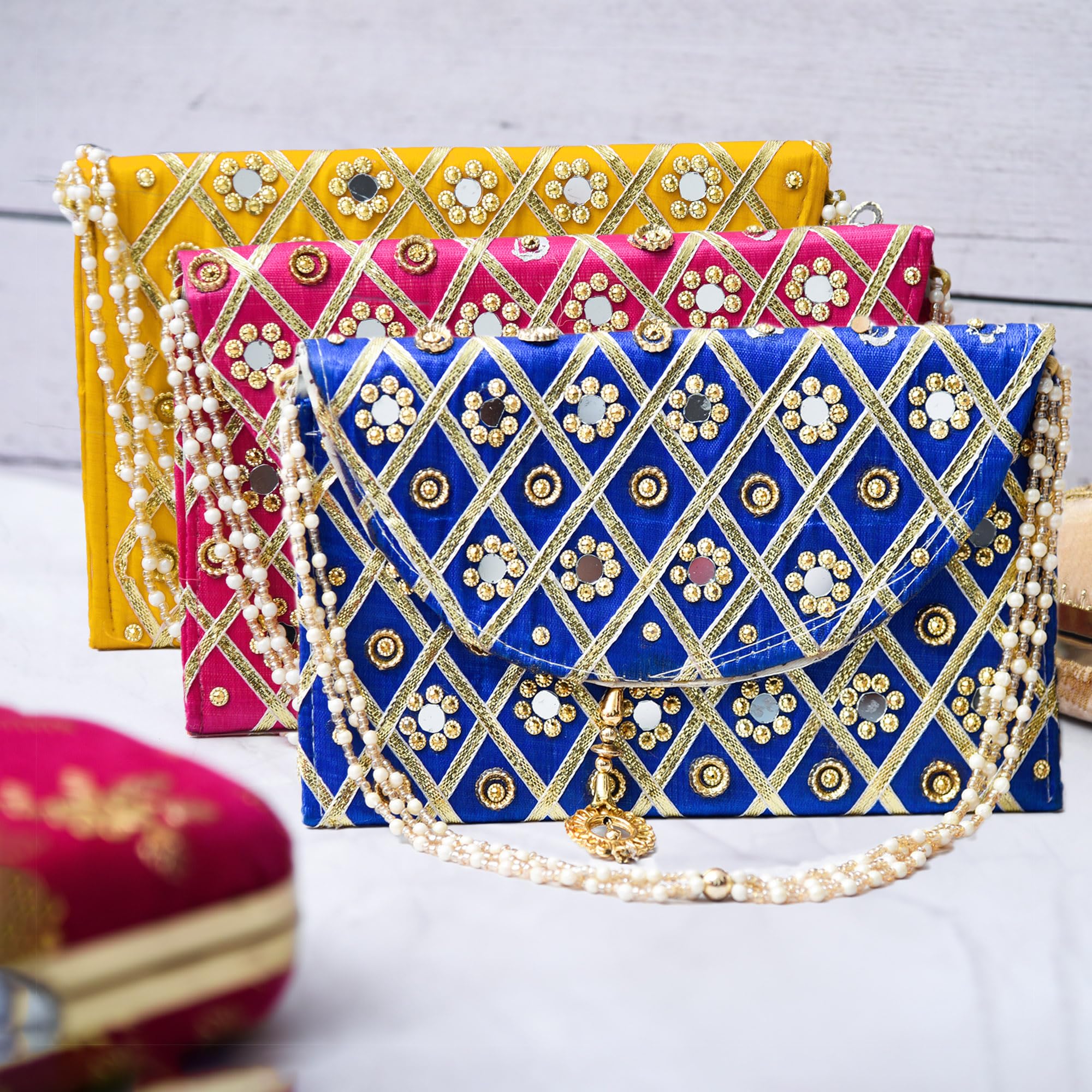 Heart Home Clutch Purse | Hand Purse | Ladies Hand Purse with Handle | Traditional Shagun Purse | Baby Shower Purse | Gifting Clutch Purse | Mirror Check Purse | Pack of 3 | Multicolor-image-35