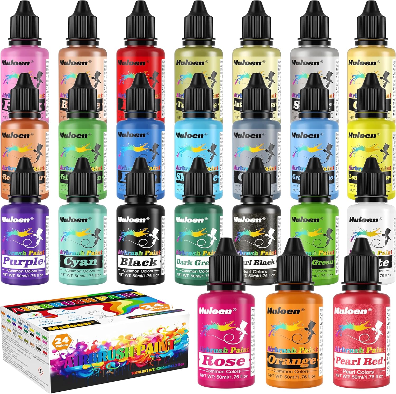Airbrush Paint Set - 24 Colors x 50ml Airbrush Paint with 2 Cleaning Brush, Ready to Spray, Water Based Acrylic Air Brush Paint Kit for Artists and Beginners