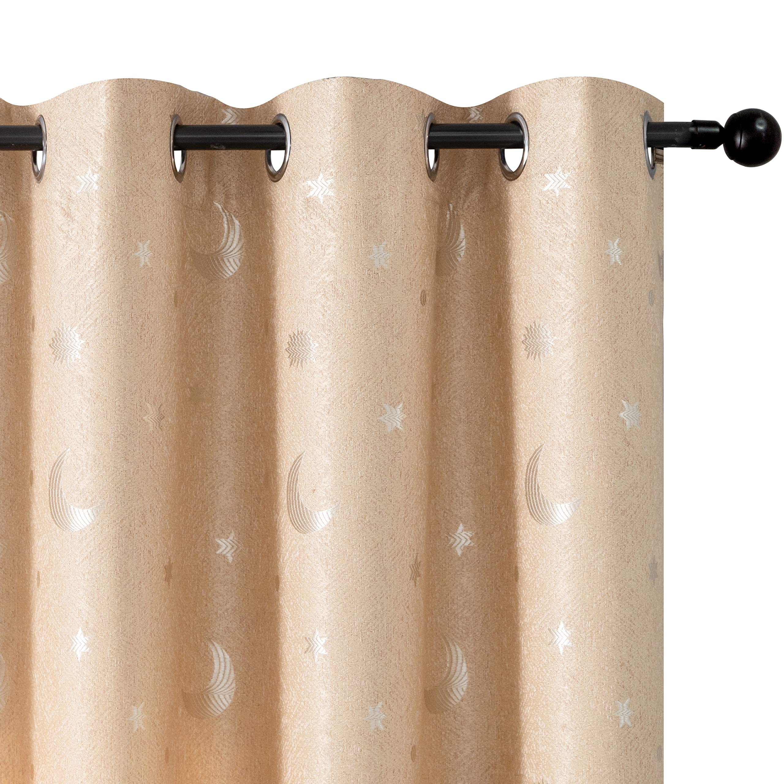 GIRASOLE HOME® Paire de rideaux Jacquard semi-occultants fantaisie Lune et étoiles rideau souple Thermique Isolant pour Chambre Chambre et Intérieur 2 panneaux avec œillets (beige étoiles, 140x275 cm)