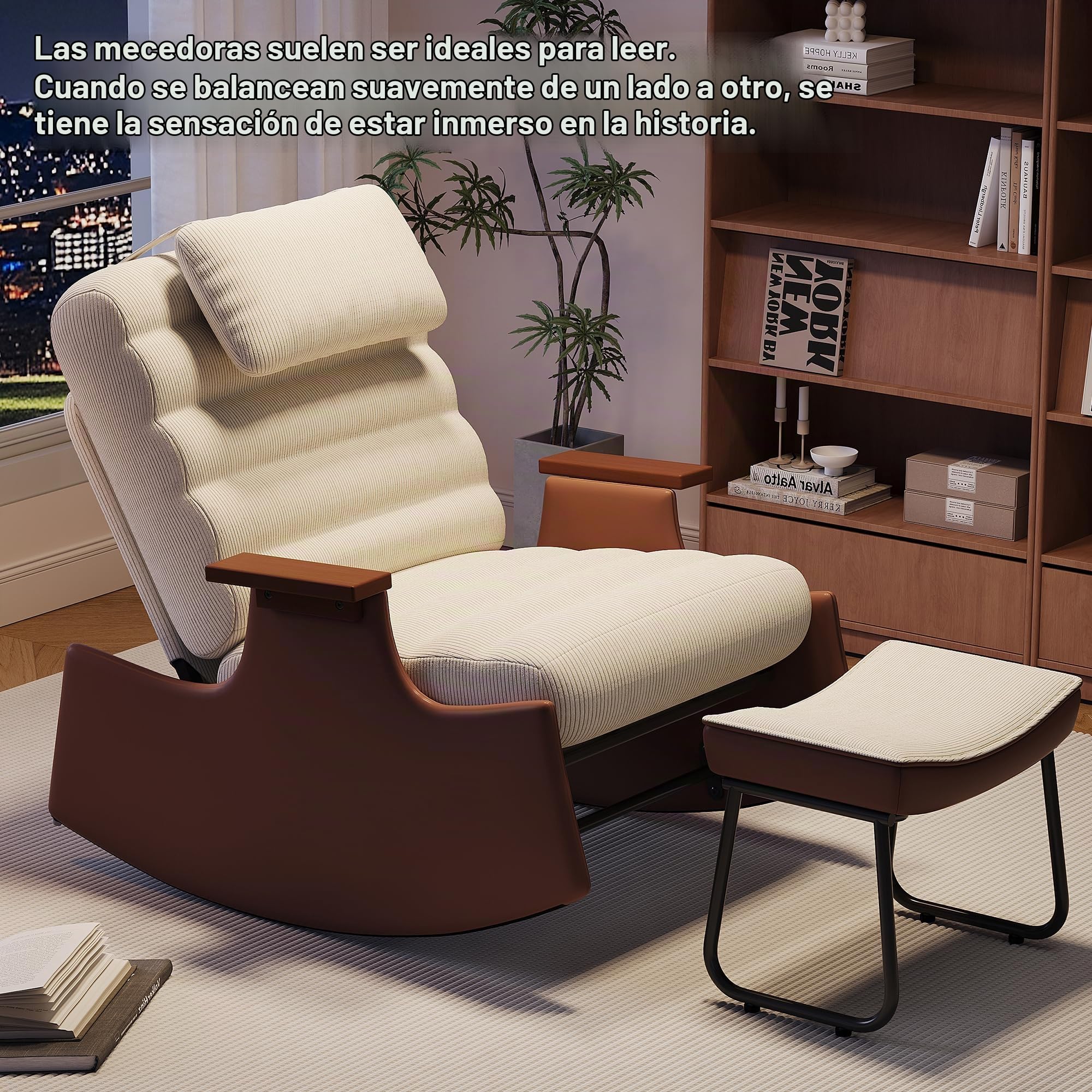 Silla mecedora de respaldo alto con reposapiés, sillón relax con reposabrazos y base de madera y piel, silla de lactancia, mecedora con reposacabezas, Lounge Chair para salón, dormitorio, balcón