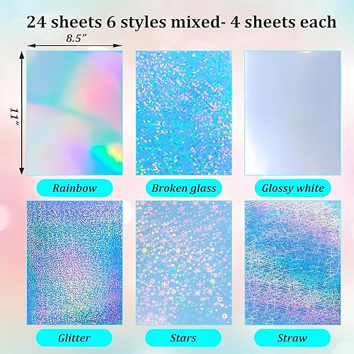 Miniatura 2 de 24 hojas de papel adhesivo holográfico imprimible de 8.5 x 11 pulgadas, papel adhesivo de vinilo arcoíris impermeable, 6 estilos mixtos para