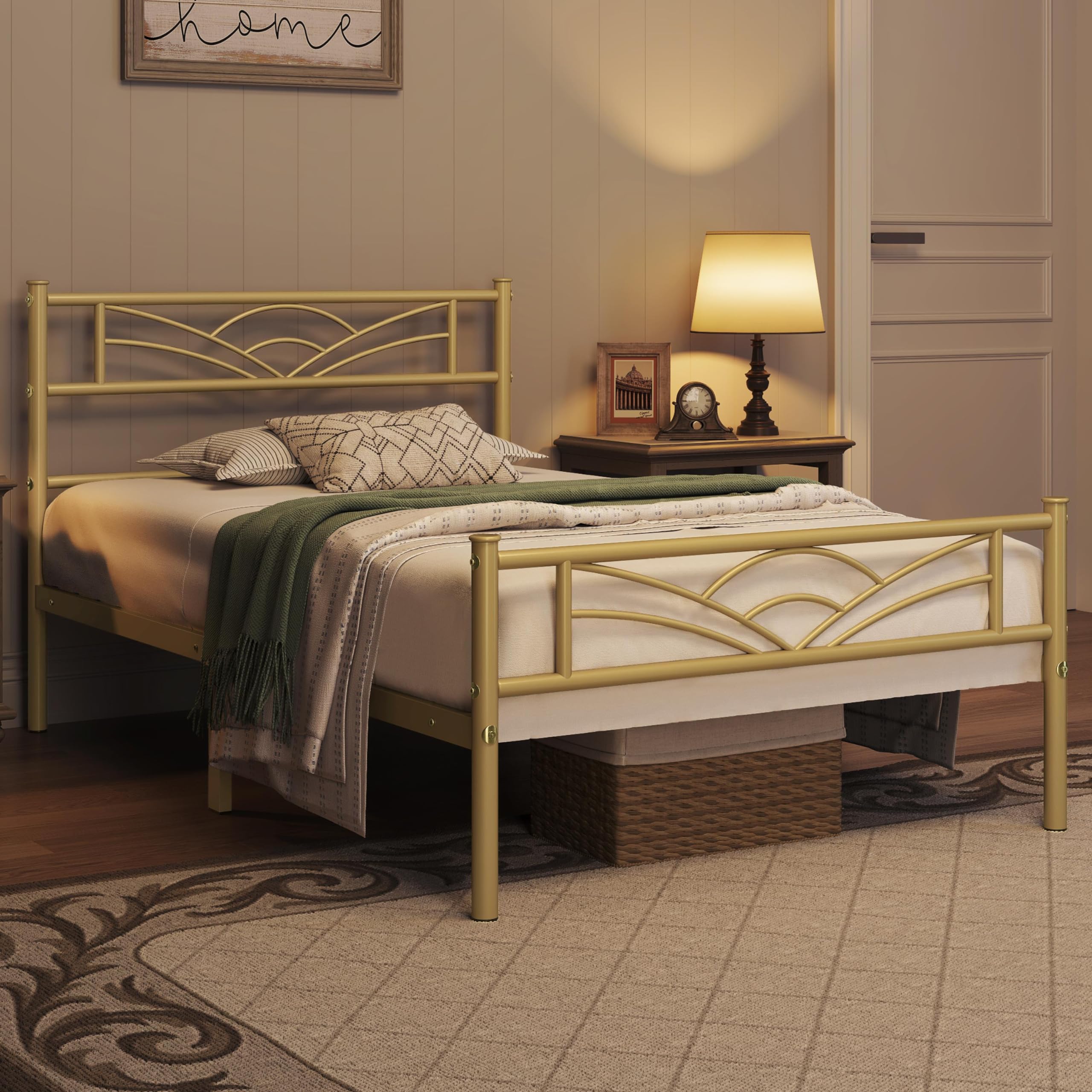 Yaheetech Bettrahmen Metallbett Gästebett Bettgestell aus Metall, Modern Jugendbett mit Lattenrost, für Schlafzimmer Gästezimmer 90 x 200 cm, Antikgold