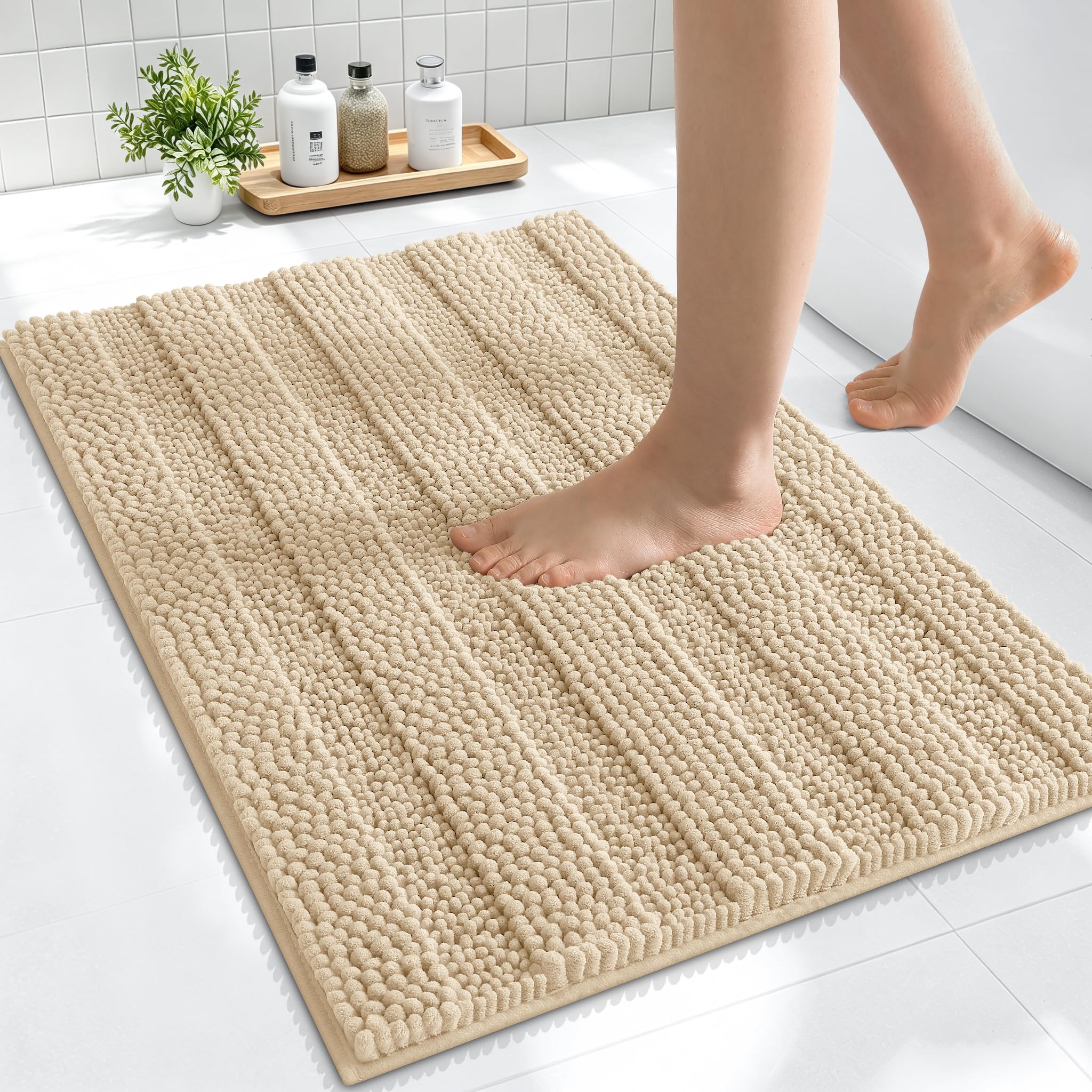 Smiry Thick Small Chenille Bathroom Rugs 24x16, Absorbent Bath Mat, Beige