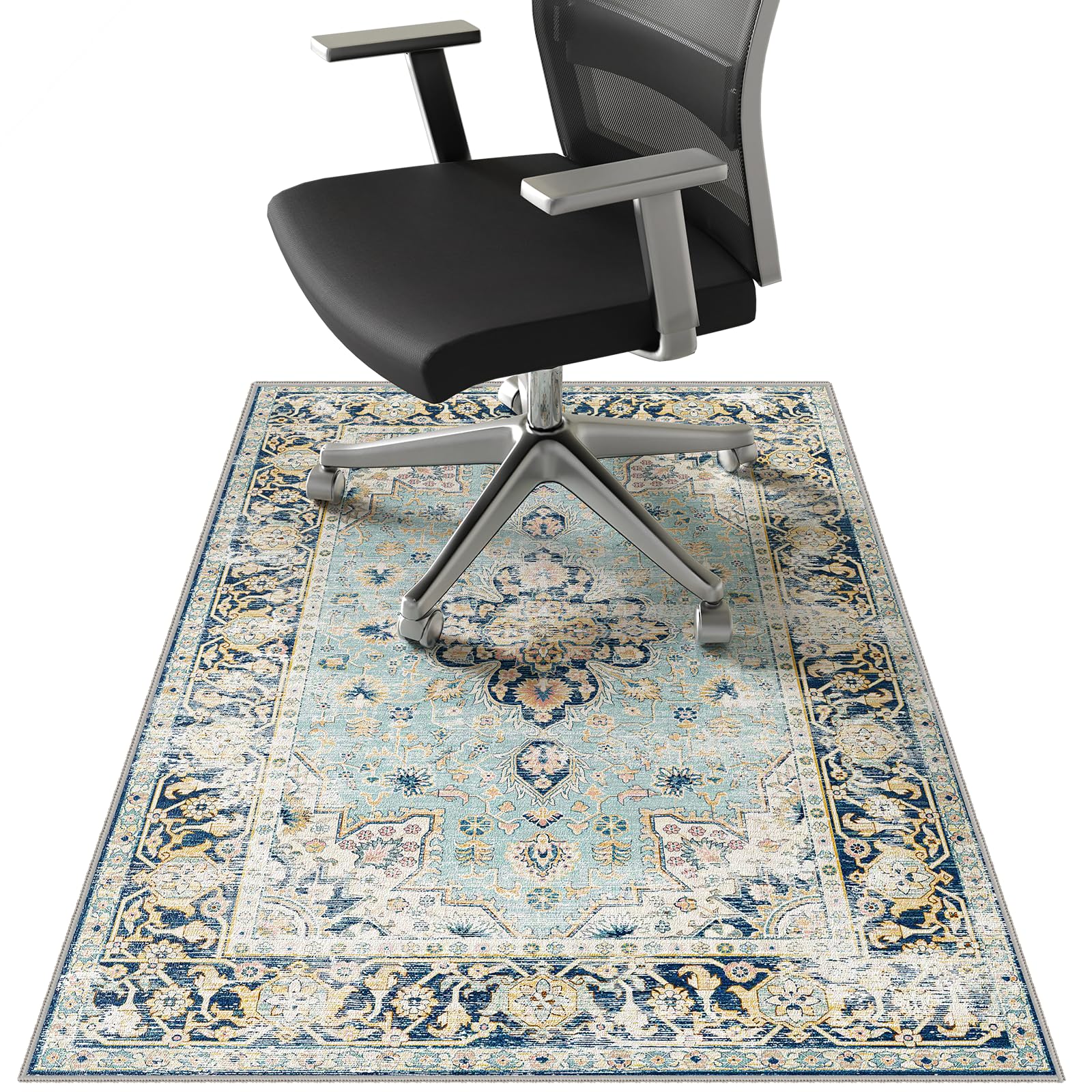 36x48 Vintage Blue Floral Office Chair Rug Durable Desk Chair Rug Machine Washable Computer Chairs Mat on Home