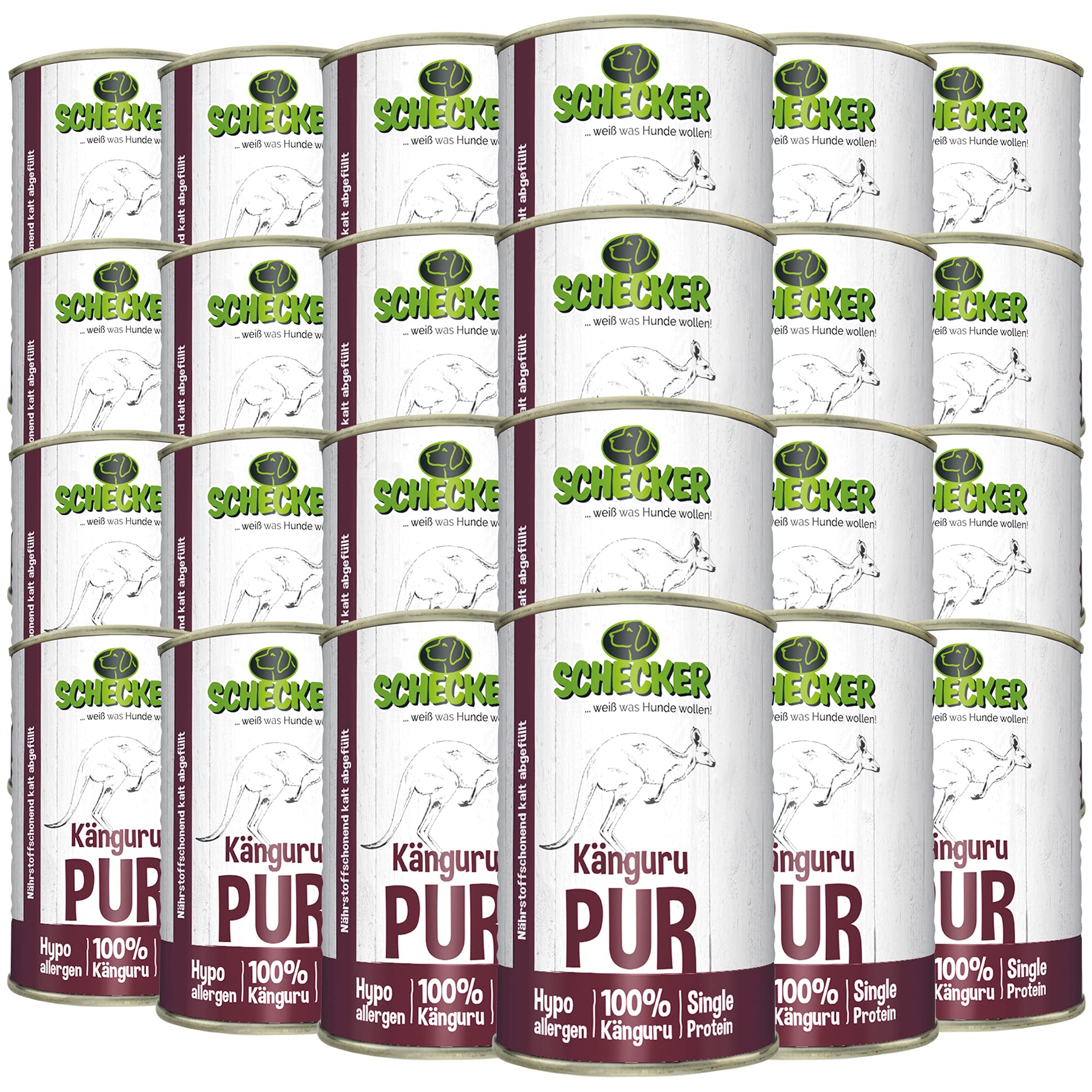 Schecker Nassfutter - Känguru PUR - 24 x 410 g - Auch für Sehr Empfindliche Hunde - Hypoallergen - Getreidefrei - Nur 4,5% Fett - Diätfutter