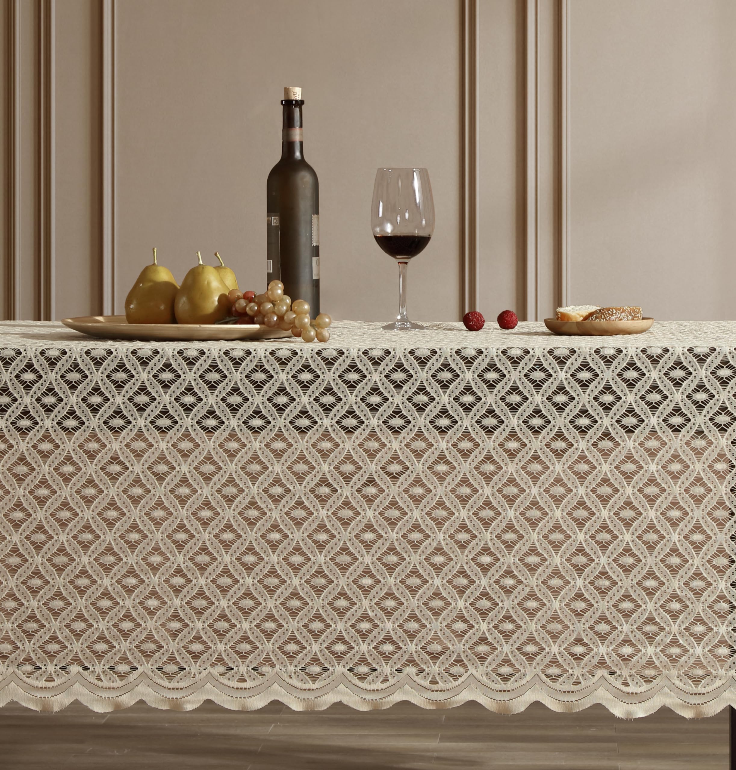 HLC.ME Sedona - Mantel de encaje, rectangular, 60 x 104 pulgadas, lino gris pardo | Mantel festoneado resistente a las arrugas, mantel de tela, ideal para bodas, baby shower y fiestas