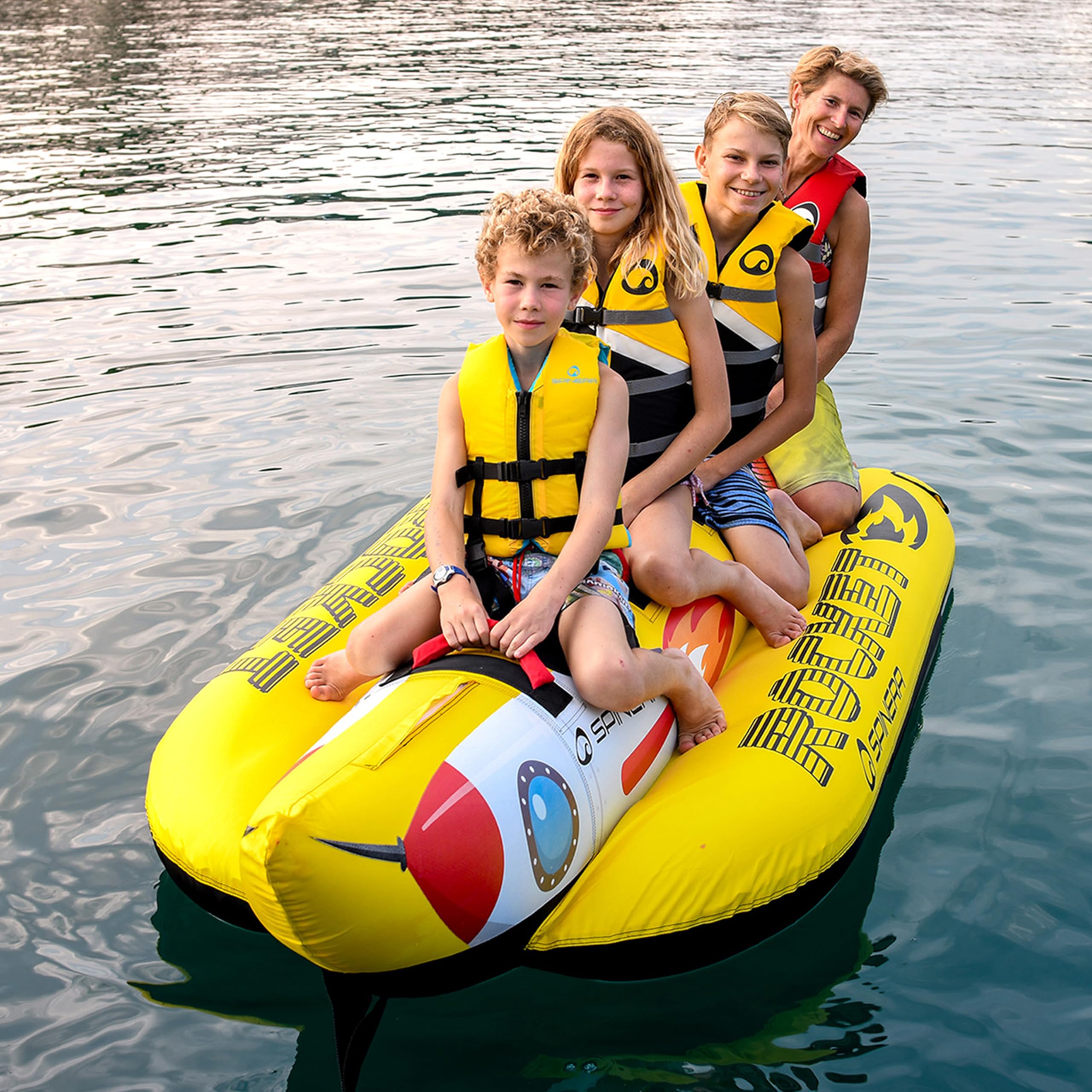 SPINERA Rocket 2 3 4 Towable Banana Tube für 2–4 Personen aufblasbares Wassersport-Tube Neopren-Handgriffe Nylonhülle 3-Kammern-System